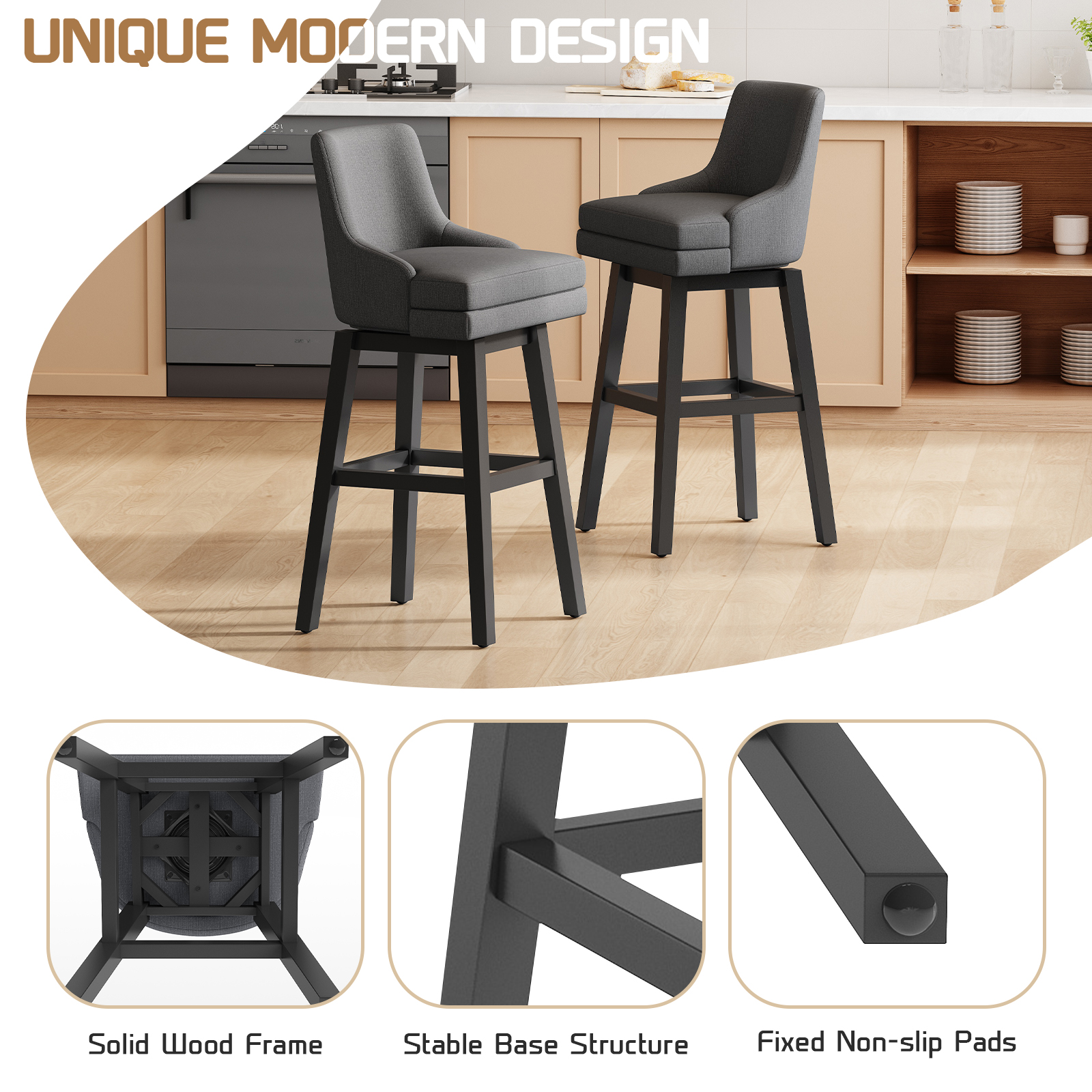 Genpo Bar Stools Set of 2, 26" H Upholstered Barstools with Backs, Swivel Modern Counter Height Bar Stool Chairs for Kitchen Island, Wood Legs, Gray Fabric Counter Stools - Image 5