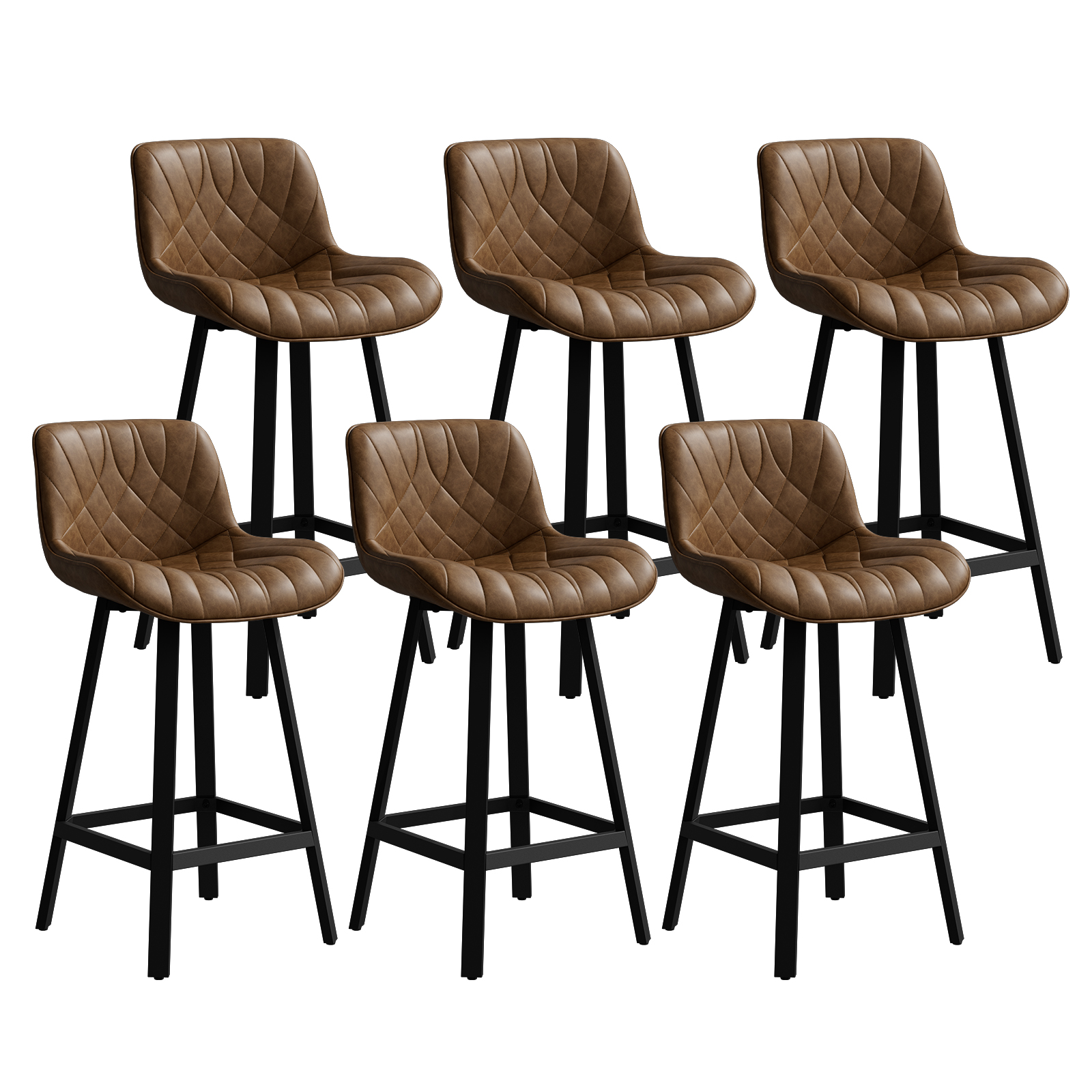Genpo Bar Stools Set of 6, 26 Inch Barstools with Metal Legs, Brown Leather Farmhouse Upholstered Counter Height Bar Stool for Kitchen, Dining, Bar