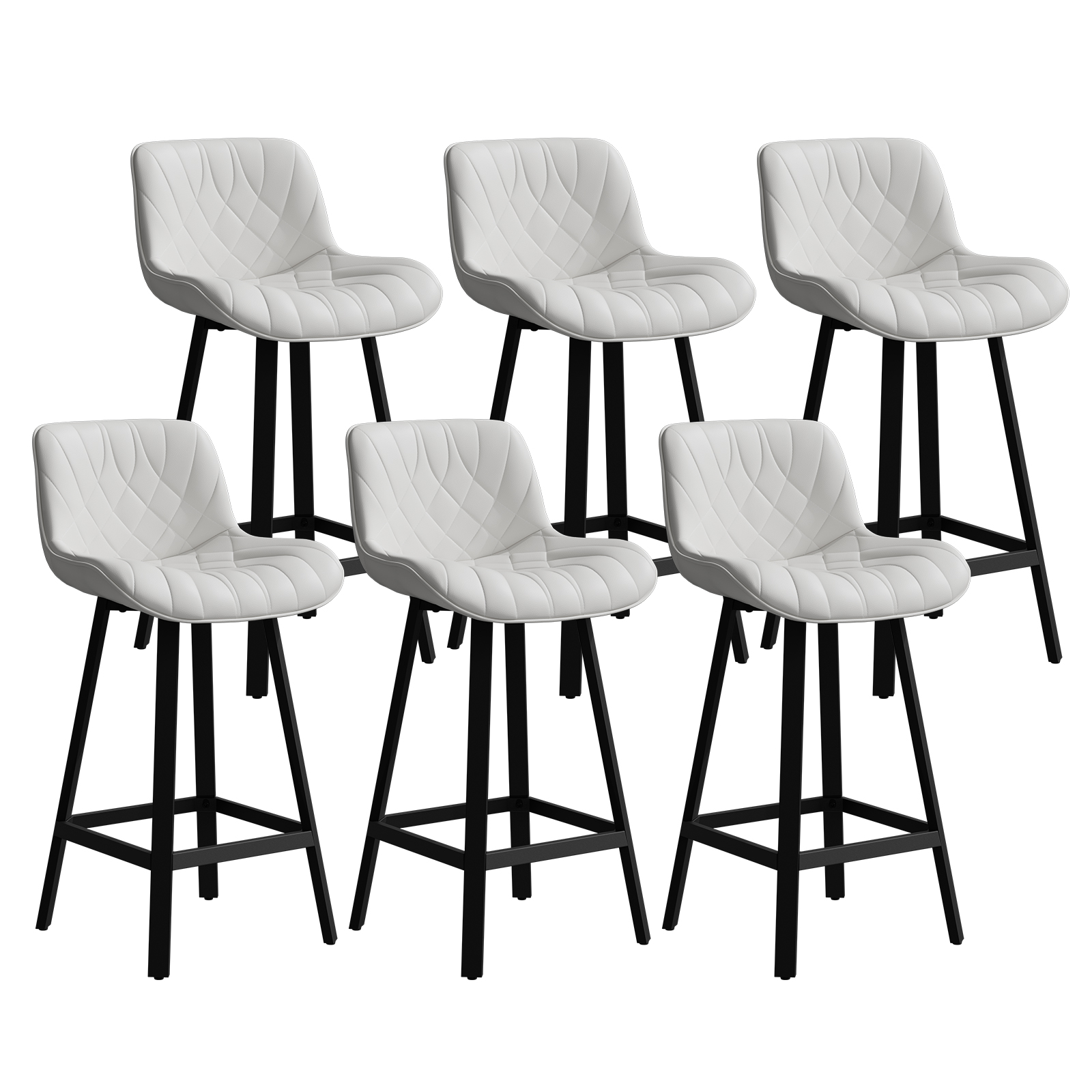 Genpo Bar Stools Set of 6, 26 Inch Barstools with Metal Legs, White Leather Farmhouse Upholstered Counter Height Bar Stool for Kitchen, Dining, Bar