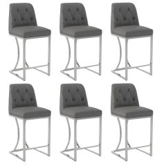 Genpo Bar Stools Set of 6, 24" Kitchen Counter Height Bar Stools with Back Golden Metal Legs and Footrest, Gray Leather Barstools for Kitchen Island