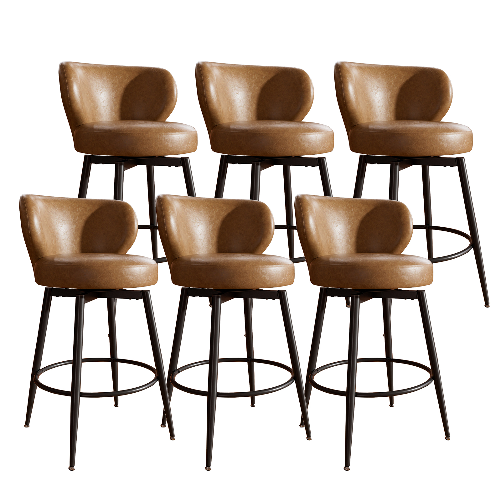 Genpo Bar Stools Set of 6, 26 Inch Barstools with Sturdy Legs, Brown Leather Farmhouse Swivel Counter Height Bar Stool for Kitchen, Dining, Bar