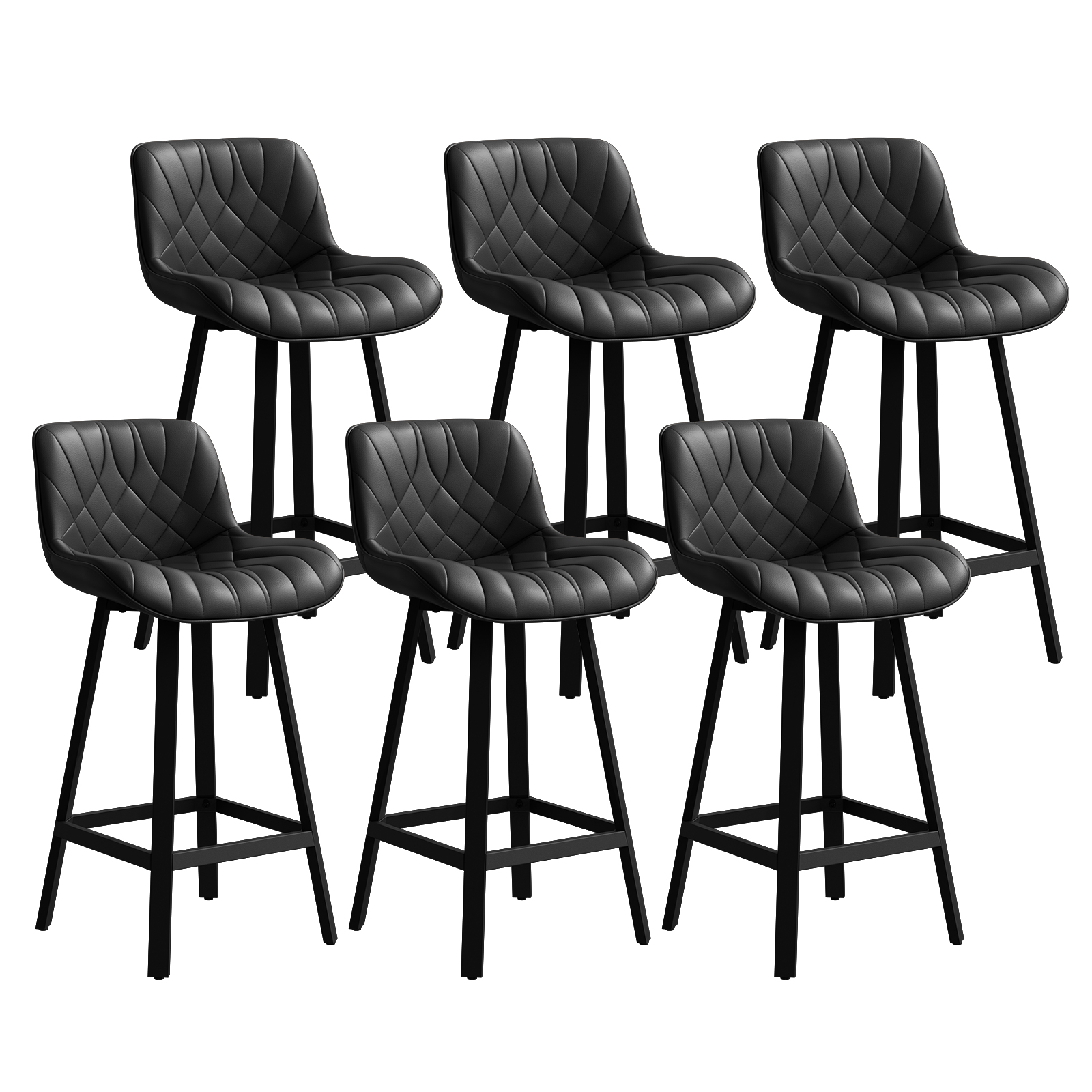 Genpo Bar Stools Set of 6, 26 Inch Barstools with Metal Legs, Black Leather Farmhouse Upholstered Counter Height Bar Stool for Kitchen, Dining, Bar