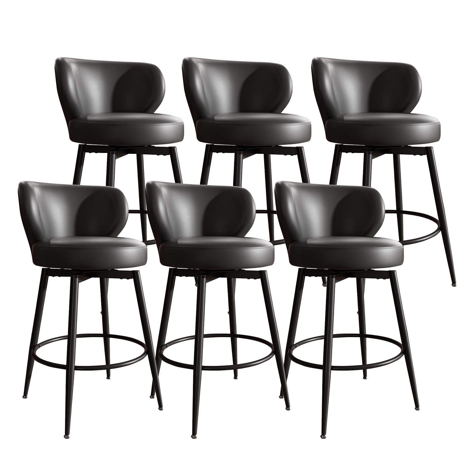 Genpo Bar Stools Set of 6, 26 Inch Barstools with Sturdy Legs, Black Leather Farmhouse Swivel Counter Height Bar Stool for Kitchen, Dining, Bar