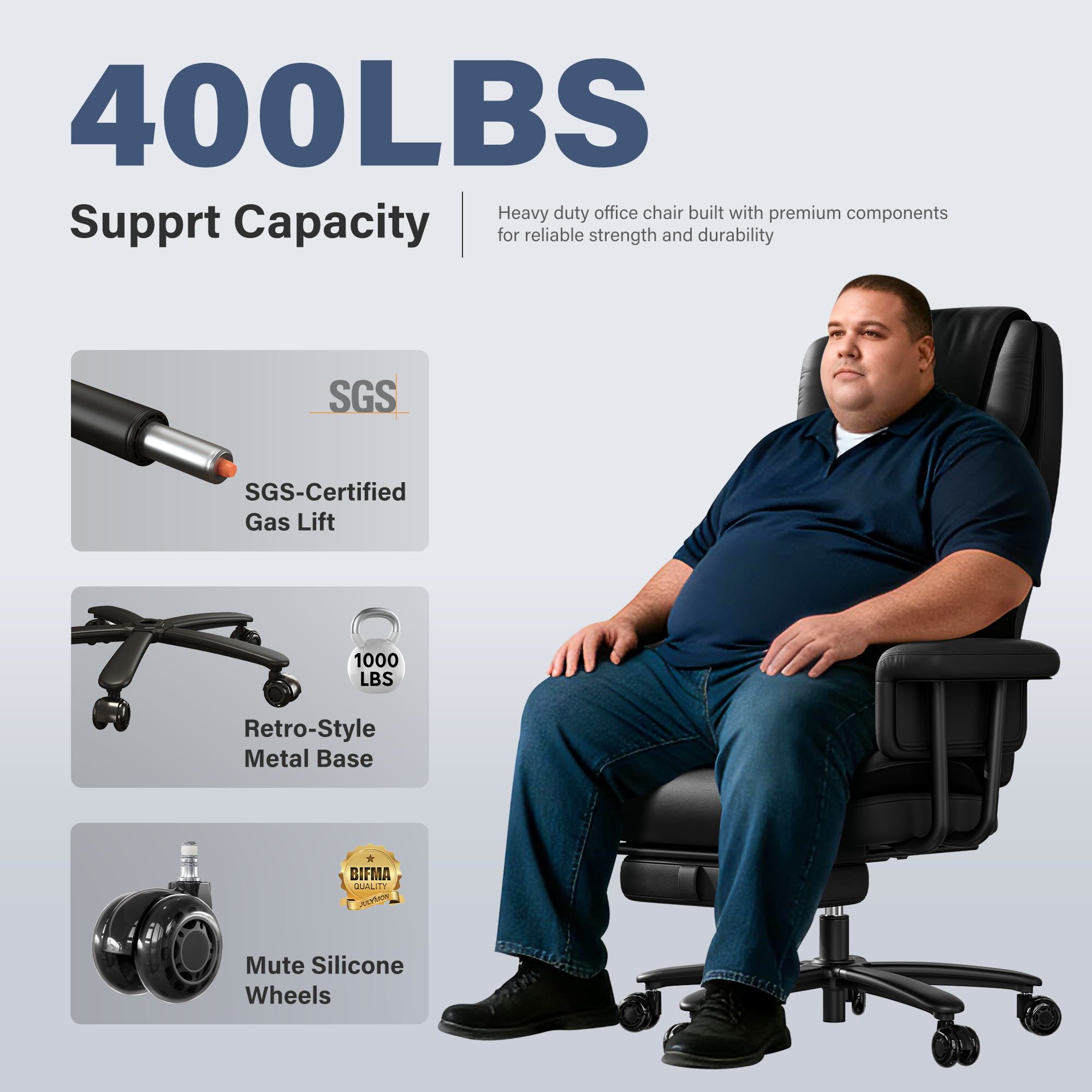 Genpo Reclining Office Chair Big and Tall 400LBS, Executive Office Chair with Footrest, Black Leather Computer Desk Chair with Quiet Wheels, Height Adjustable And Padded Arms - Image 2