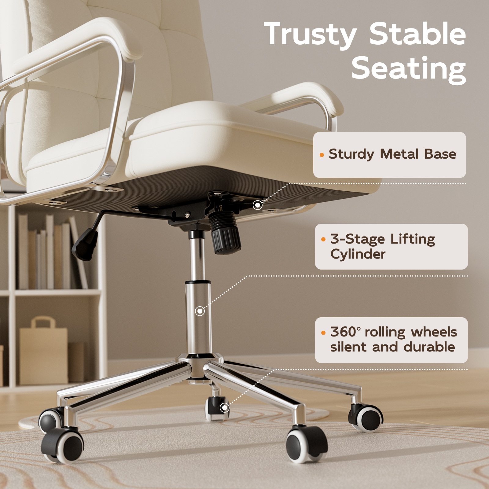 Genpo White Office Chair, Swivel Leather Computer Desk Chair with Wheels and Padded Arms, Executive Office Chair for Adults - Image 4