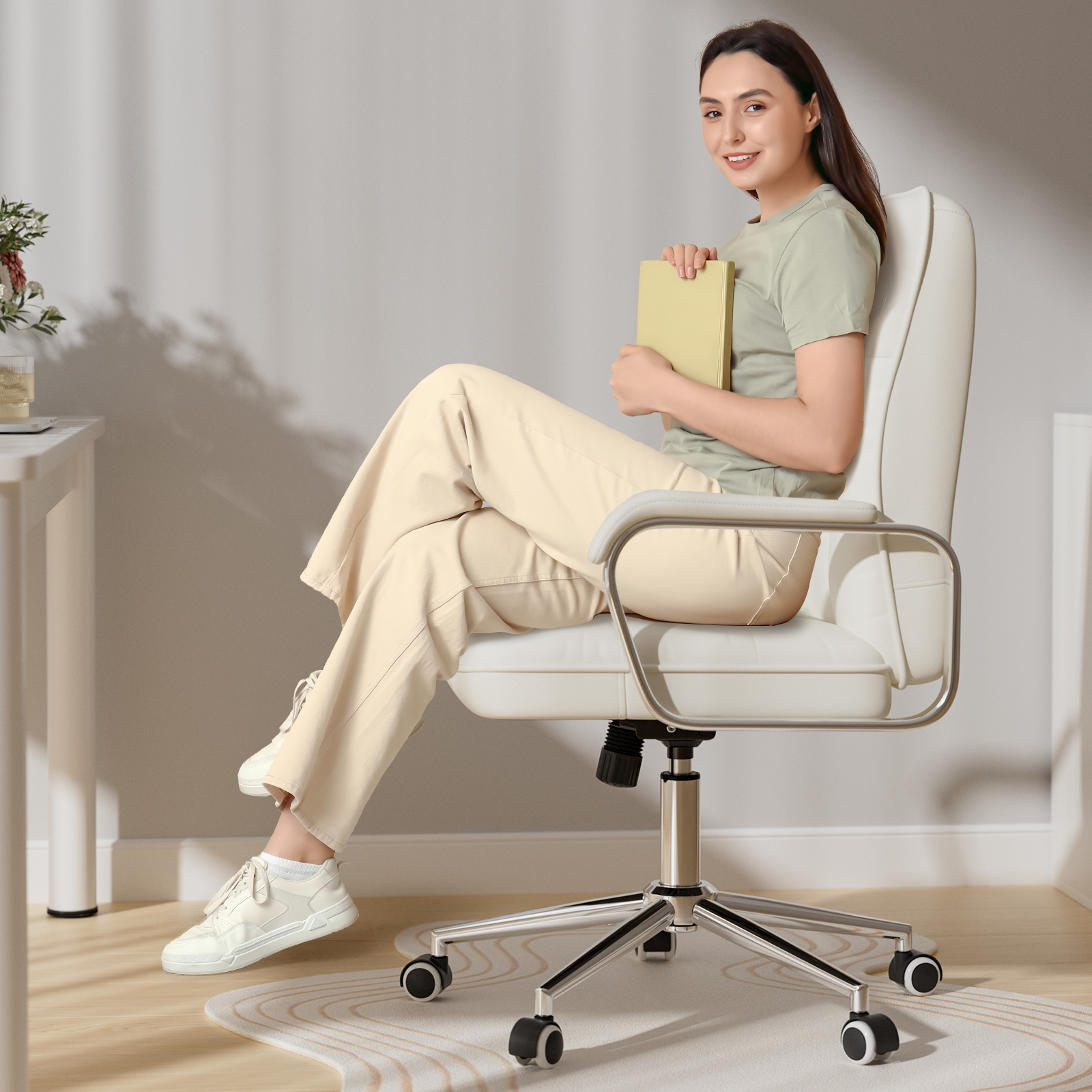 Genpo White Office Chair, Swivel Leather Computer Desk Chair with Wheels and Padded Arms, Executive Office Chair for Adults - Image 7