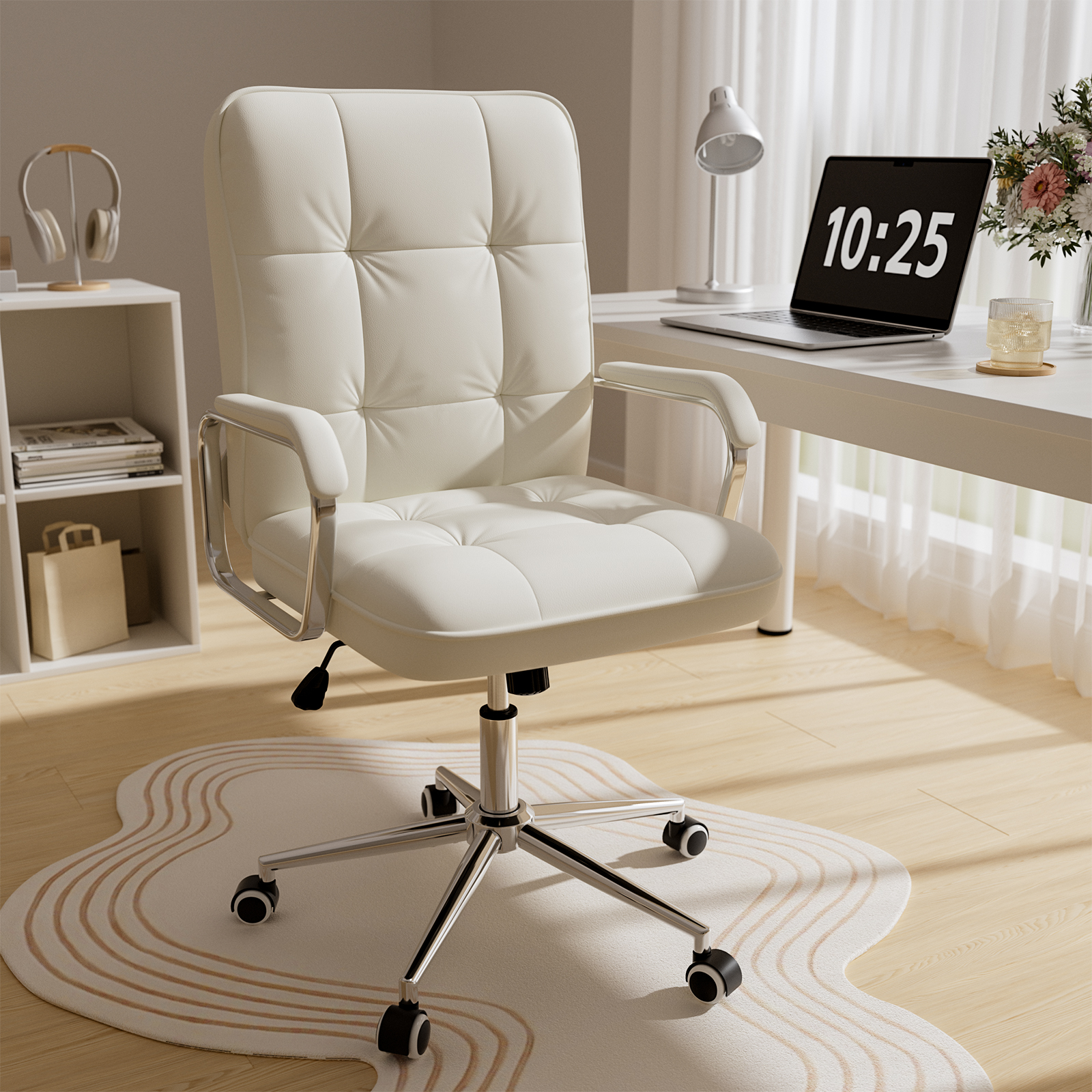 Genpo White Office Chair, Swivel Leather Computer Desk Chair with Wheels and Padded Arms, Executive Office Chair for Adults