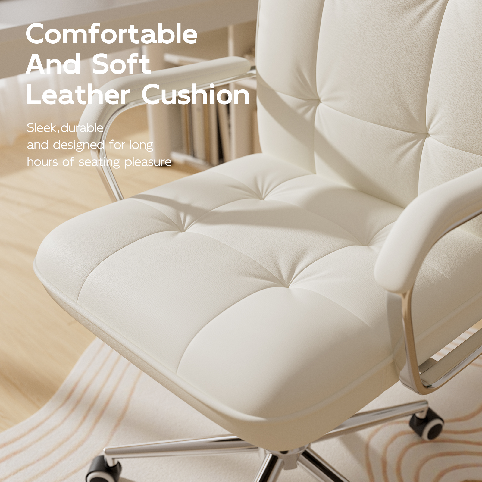 Genpo White Office Chair, Swivel Leather Computer Desk Chair with Wheels and Padded Arms, Executive Office Chair for Adults - Image 3