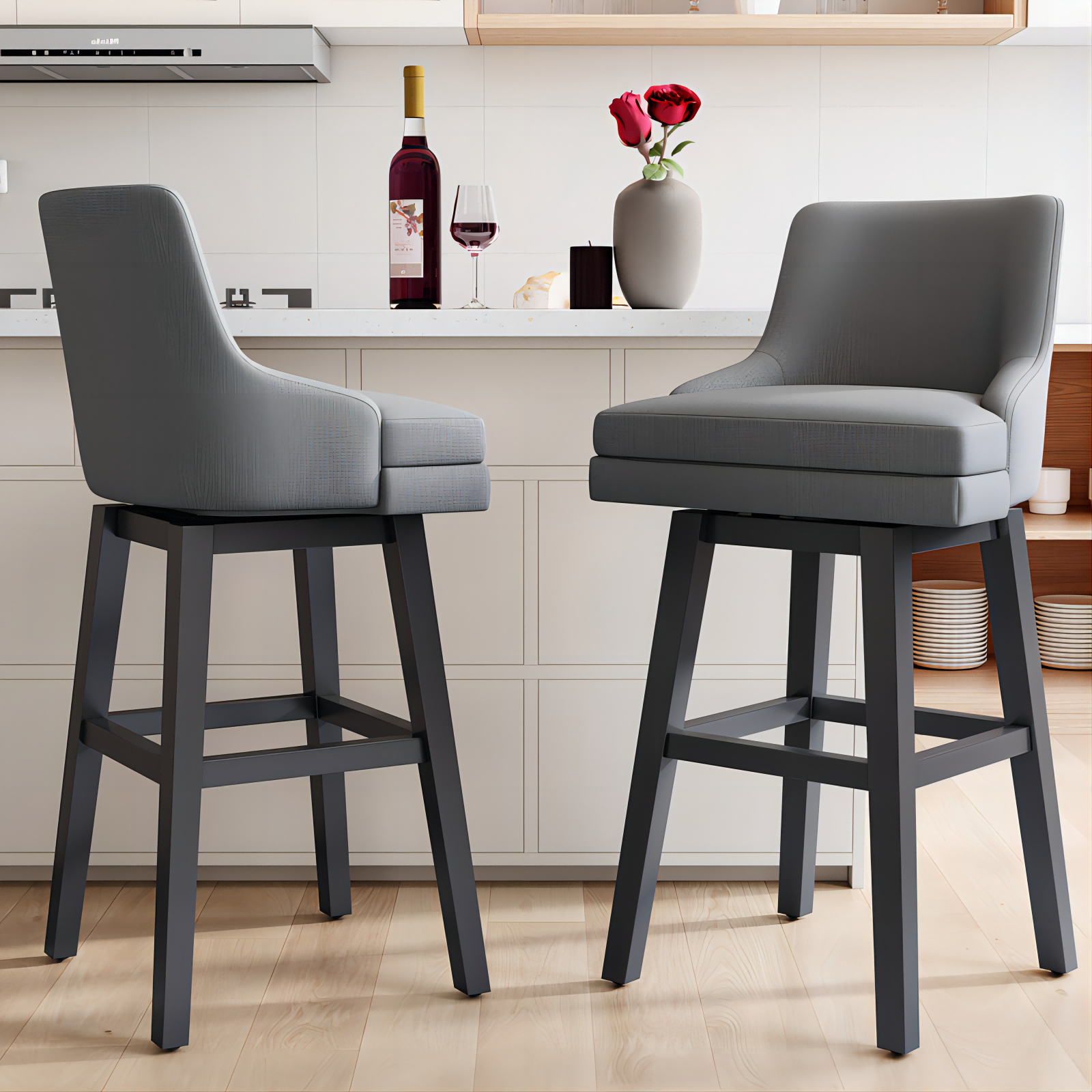 Genpo Bar Stools Set of 2, 26" H Upholstered Barstools with Backs, Swivel Modern Counter Height Bar Stool Chairs for Kitchen Island, Wood Legs, Gray Fabric Counter Stools