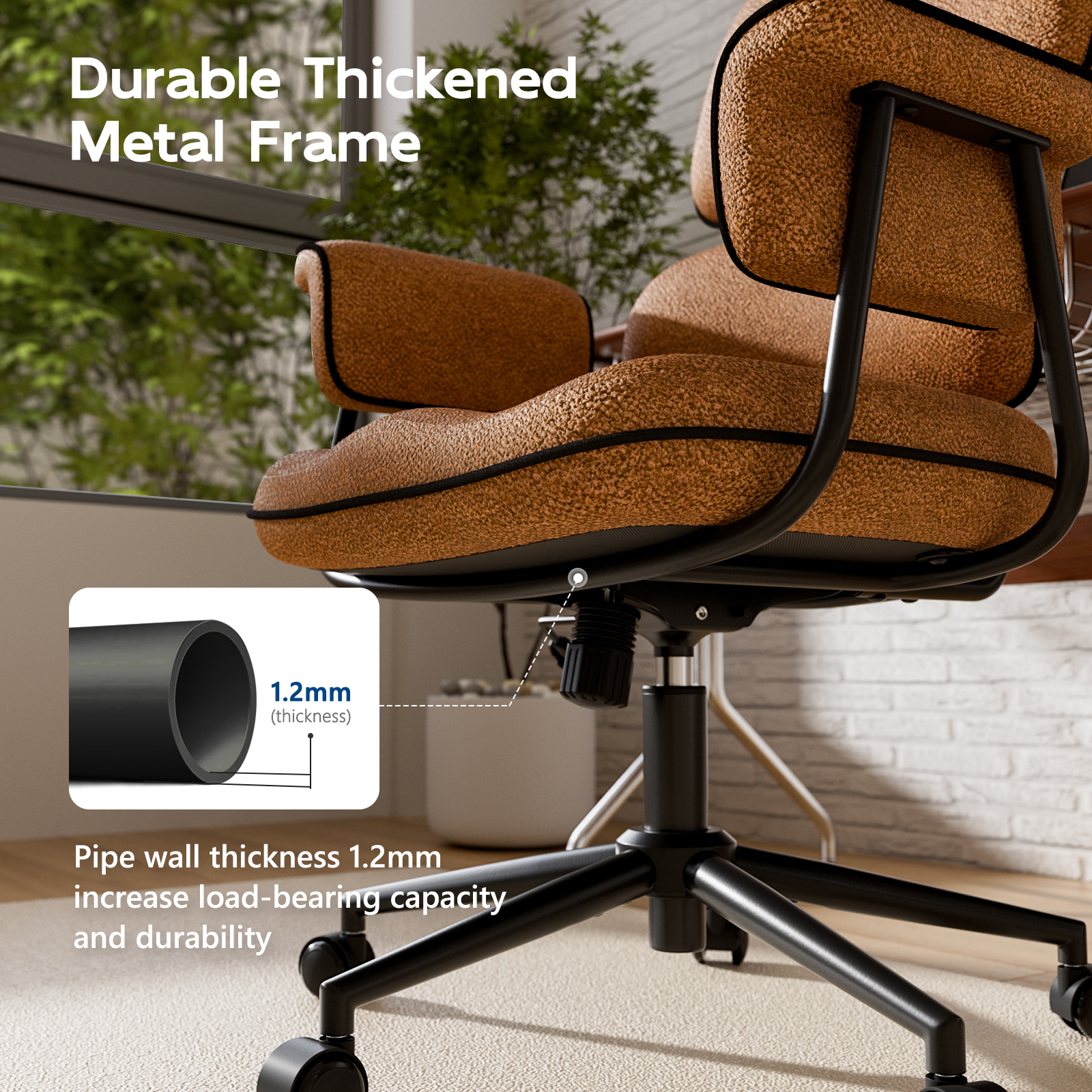 Genpo Desk Chair with Wheels and Arms, Brown Linen Fabric Executive Office Chair with Memory Foam Wide Seat, Padded Arms, Lumbar Support and Adjustable Height - Image 6