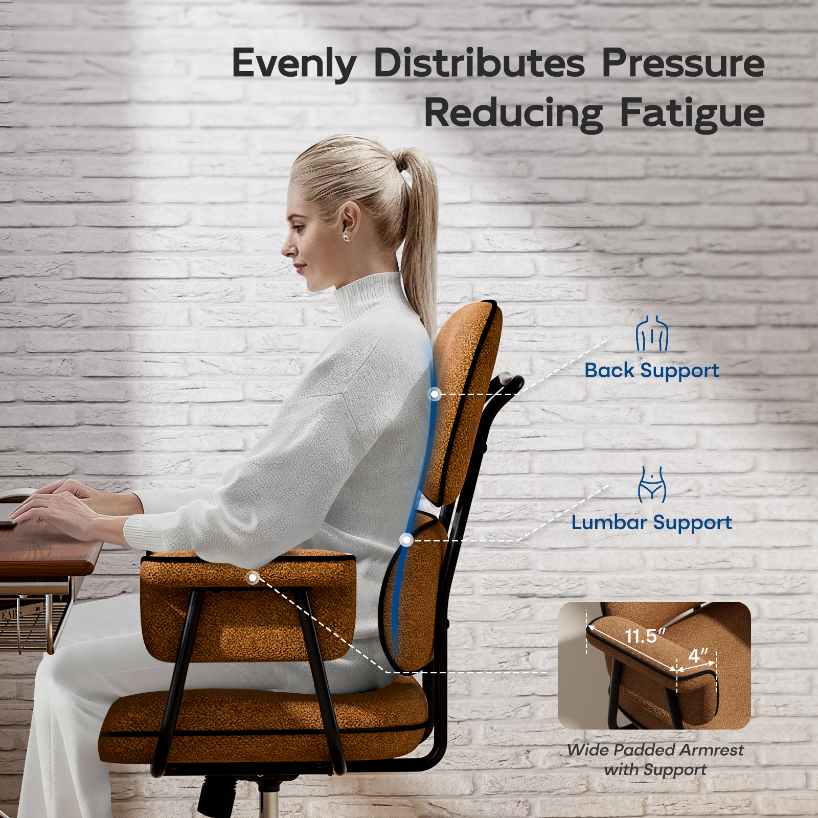 Genpo Desk Chair with Wheels and Arms, Brown Linen Fabric Executive Office Chair with Memory Foam Wide Seat, Padded Arms, Lumbar Support and Adjustable Height - Image 7