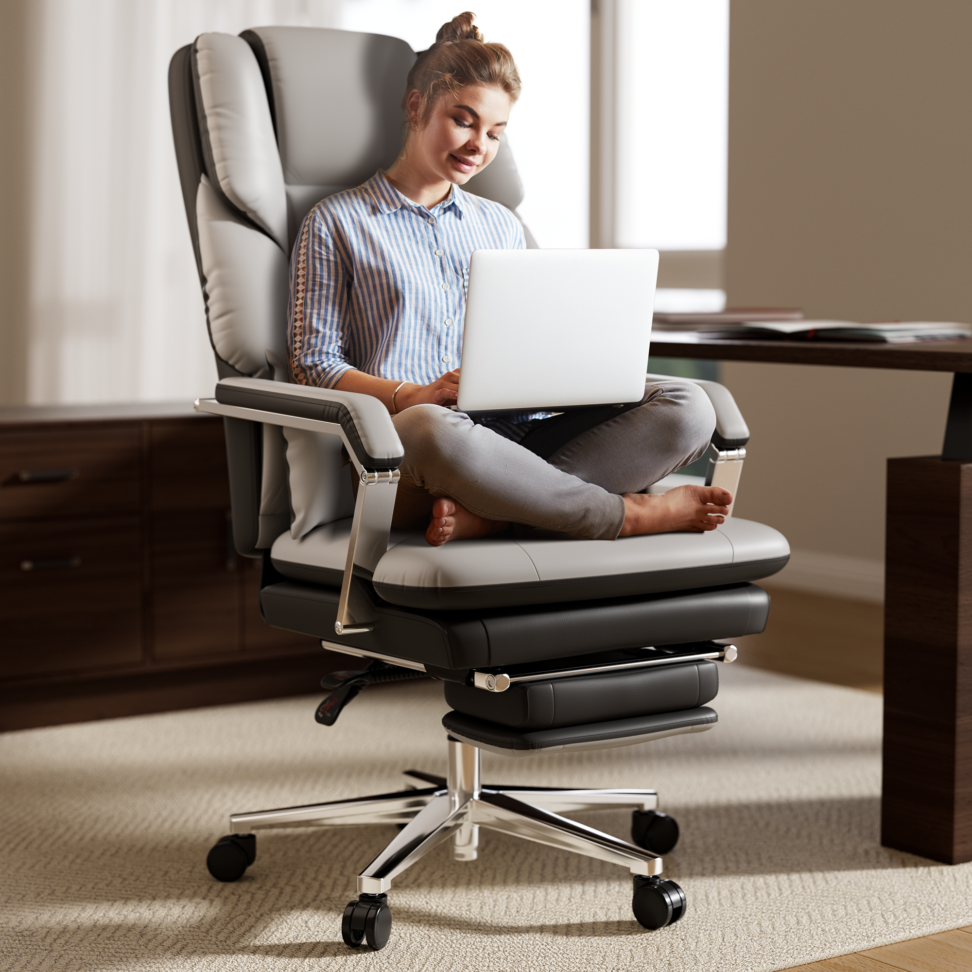 Solfway Big and Tall Reclining Office Chair 500lbs , Grey Leather Office Chair with Wheels, Footrest and Lumbar Support, Executive Office Desk Chair for Adults