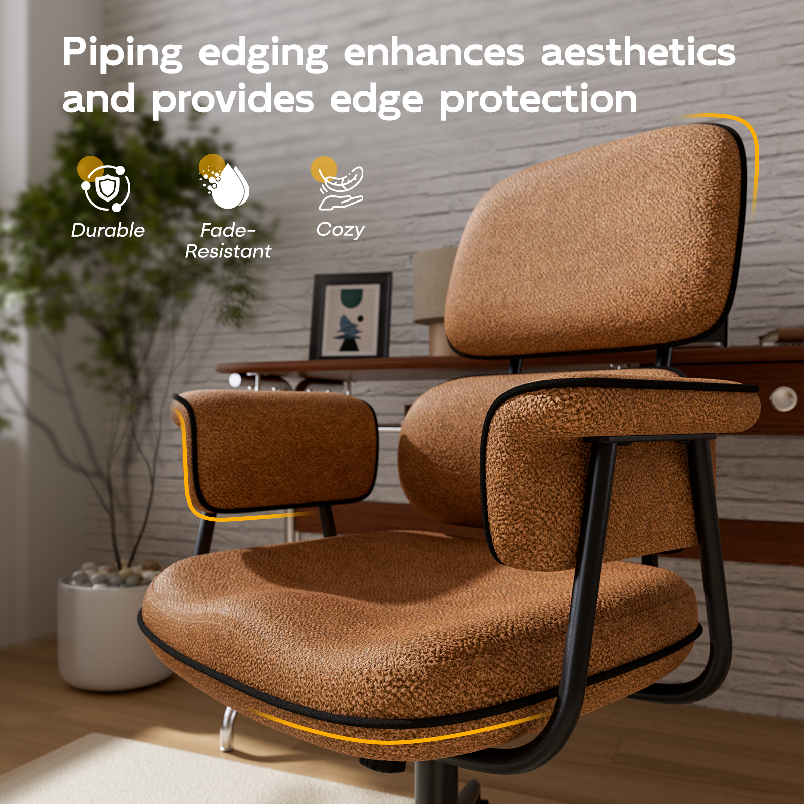 Genpo Desk Chair with Wheels and Arms, Brown Linen Fabric Executive Office Chair with Memory Foam Wide Seat, Padded Arms, Lumbar Support and Adjustable Height - Image 5