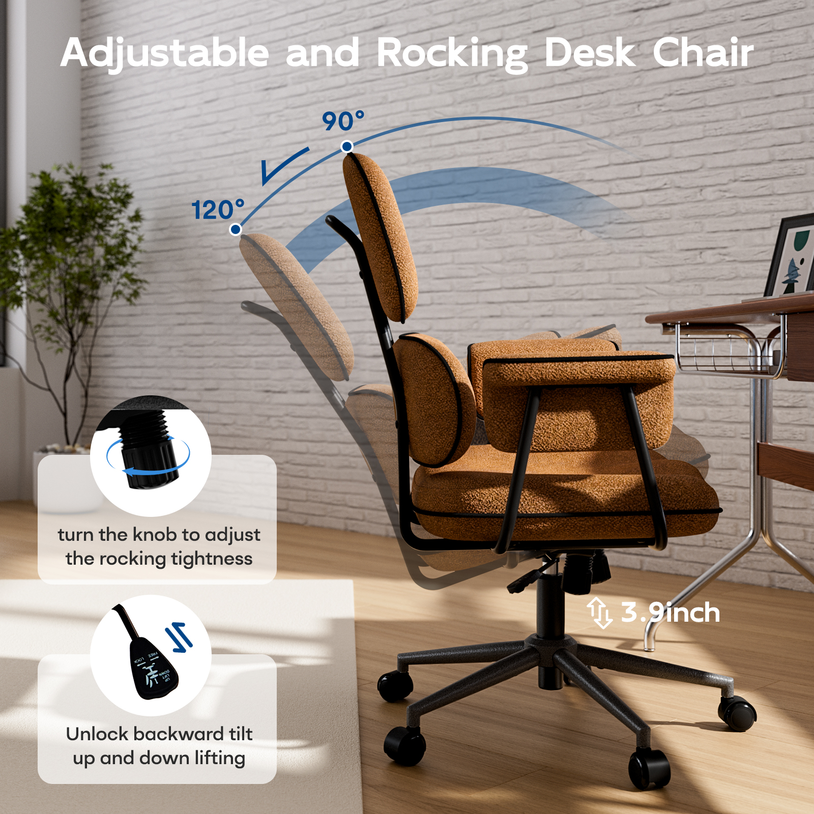 Genpo Desk Chair with Wheels and Arms, Brown Linen Fabric Executive Office Chair with Memory Foam Wide Seat, Padded Arms, Lumbar Support and Adjustable Height - Image 4