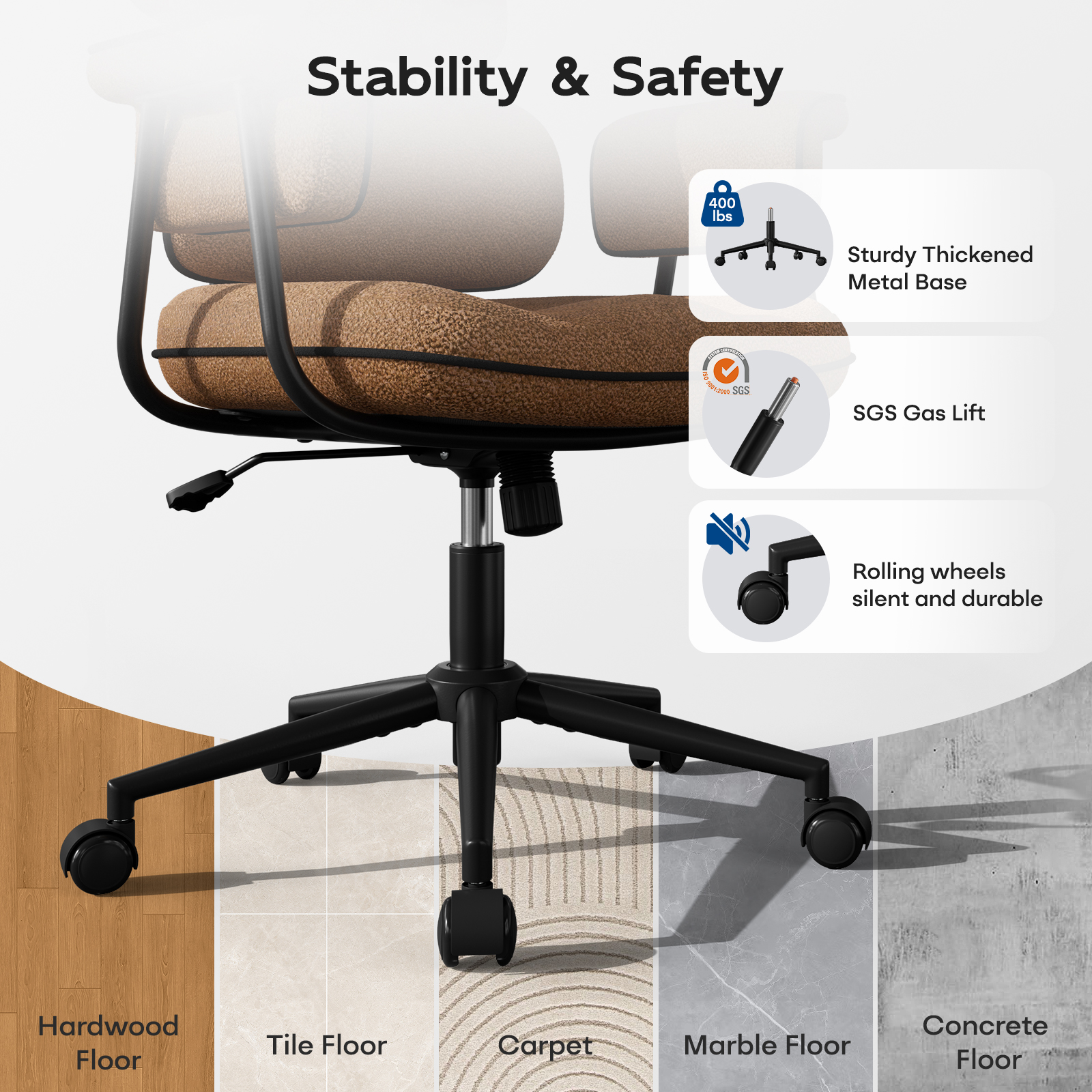 Genpo Desk Chair with Wheels and Arms, Brown Linen Fabric Executive Office Chair with Memory Foam Wide Seat, Padded Arms, Lumbar Support and Adjustable Height - Image 3
