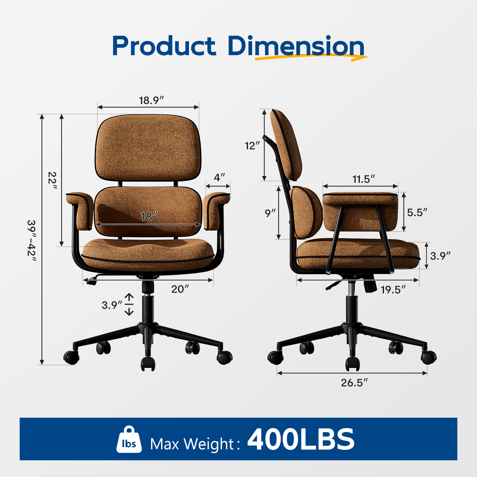 Genpo Desk Chair with Wheels and Arms, Brown Linen Fabric Executive Office Chair with Memory Foam Wide Seat, Padded Arms, Lumbar Support and Adjustable Height - Image 2