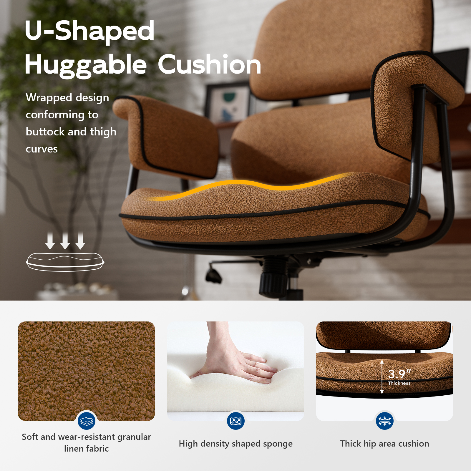 Genpo Desk Chair with Wheels and Arms, Brown Linen Fabric Executive Office Chair with Memory Foam Wide Seat, Padded Arms, Lumbar Support and Adjustable Height - Image 8