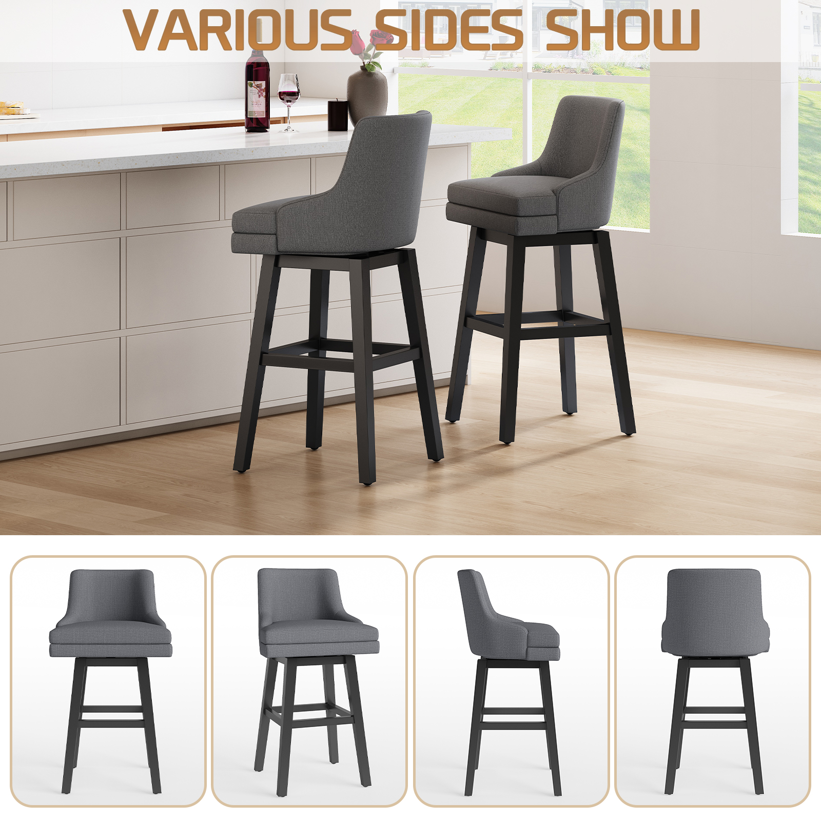Genpo Bar Stools Set of 2, 26" H Upholstered Barstools with Backs, Swivel Modern Counter Height Bar Stool Chairs for Kitchen Island, Wood Legs, Gray Fabric Counter Stools - Image 4