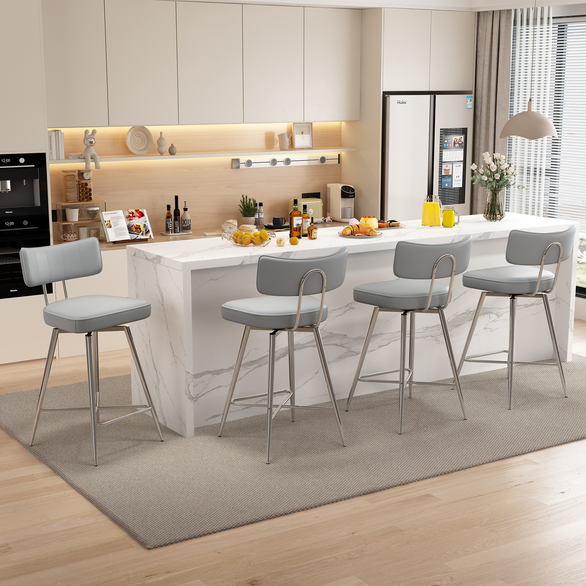 Genpo Swivel Counter Height Bar Stools Set of 4, 26" Leather Swivel Bar Stools with Backs, Metal Legs, Modern Stools for Kitchen Counter, Gray