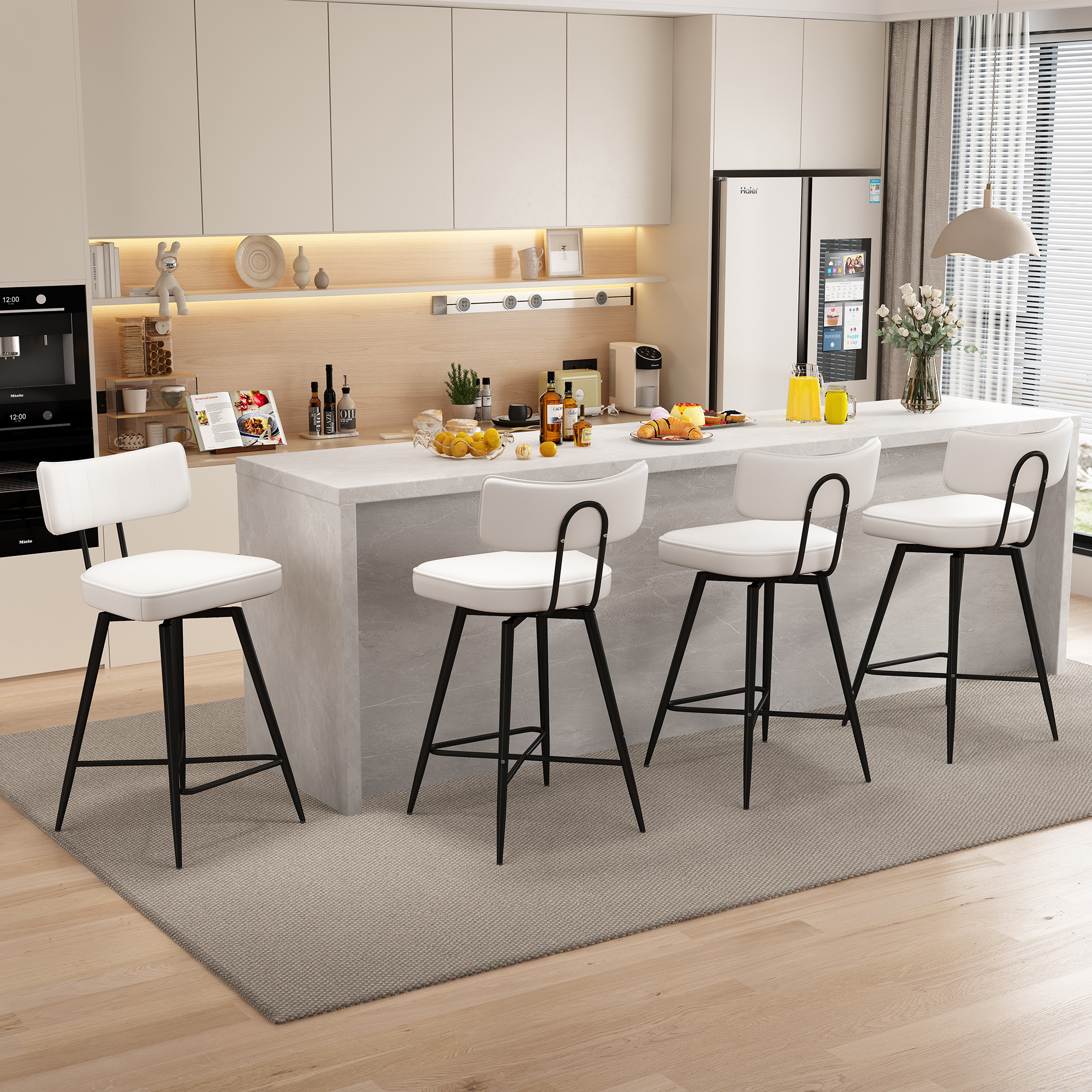 Genpo Swivel Counter Height Bar Stools Set of 4, 26" Leather Swivel Bar Stools with Backs, Metal Legs, Modern Stools for Kitchen Counter, White