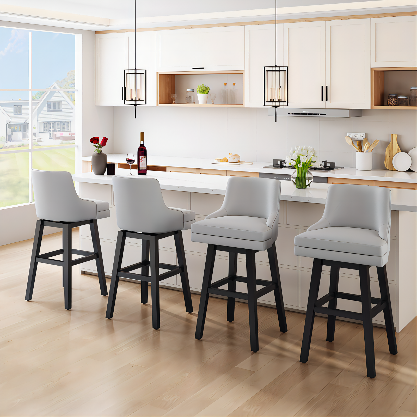 Genpo Bar Stools Set of 4, 26" H Upholstered Barstools with Backs, Swivel Modern Counter Height Bar Stool Chairs for Kitchen Island, Wood Legs, White Fabric Counter Stools
