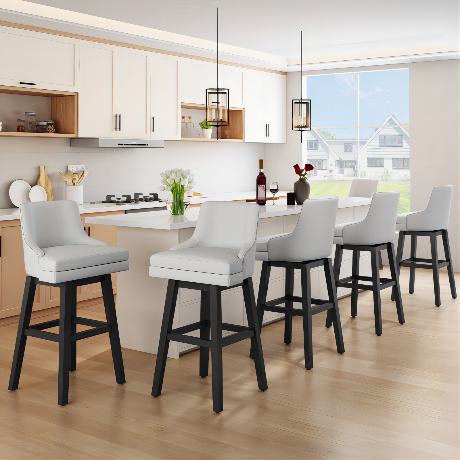 Genpo Bar Stools Set of 6, 26" H Upholstered Barstools with Backs, Swivel Modern Counter Height Bar Stool Chairs for Kitchen Island, Wood Legs, White Fabric Counter Stools