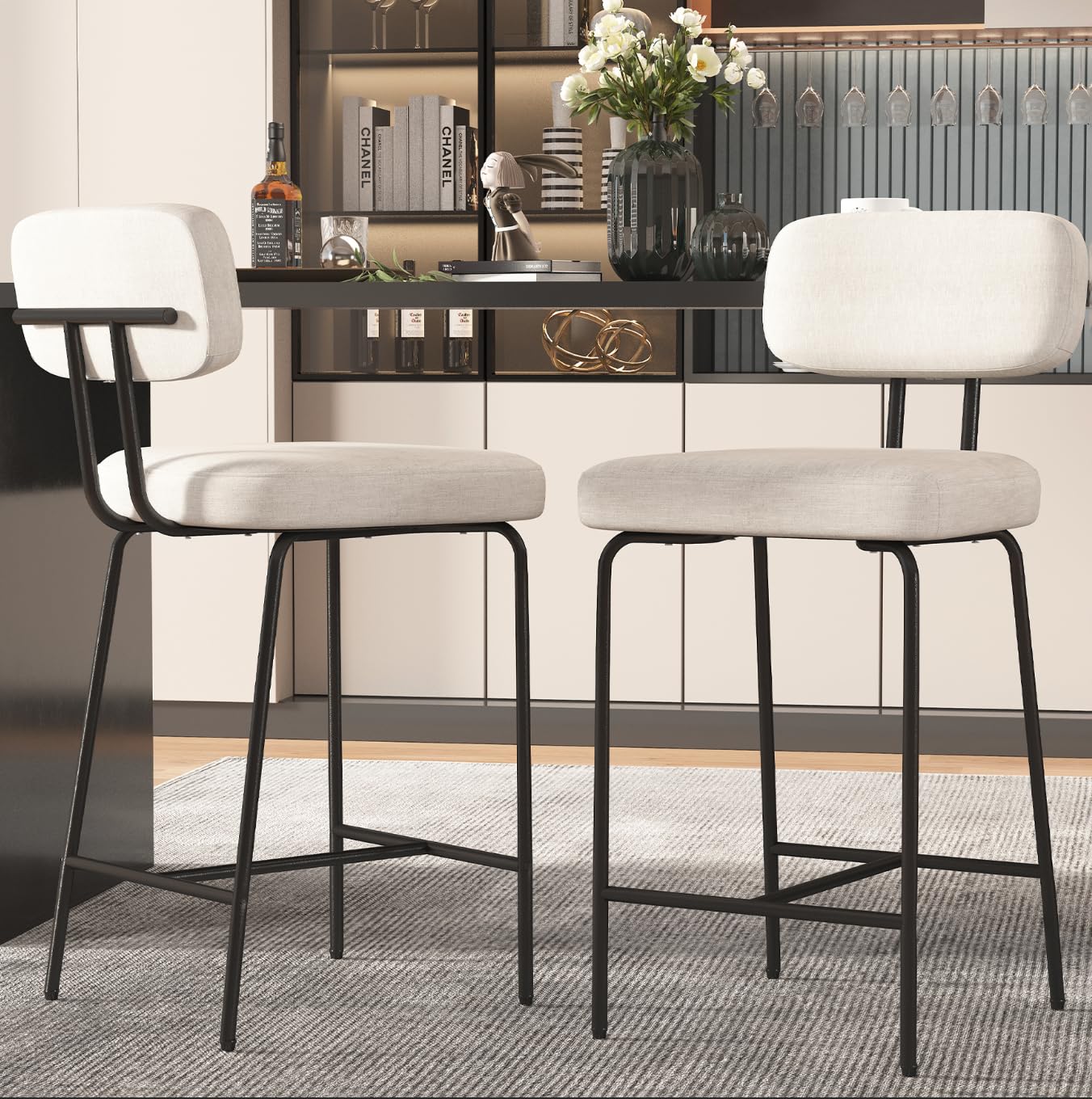Genpo Counter Height Bar Stools Set of 2, 26" White Fabric Kitchen Counter Stools with Backs, Metal Legs, Footrest and Wide Seat, Bar Chairs for Kitchen Island