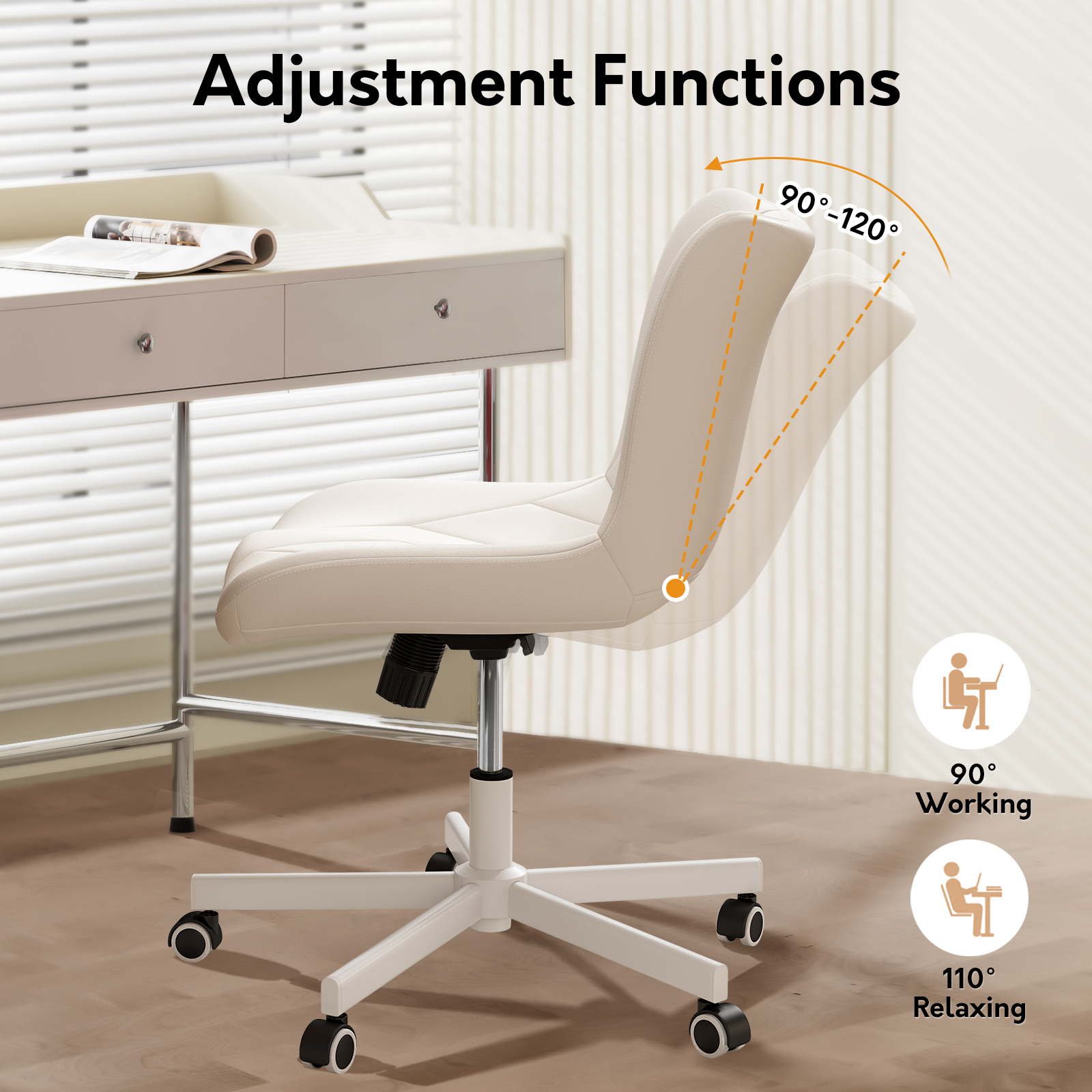 Genpo Armless Desk Chair, White Leather Office Desk Chairs with Wheels, Mid Back and Lumbar Support for Computer Home Small Space Vanity Makeup - Image 4