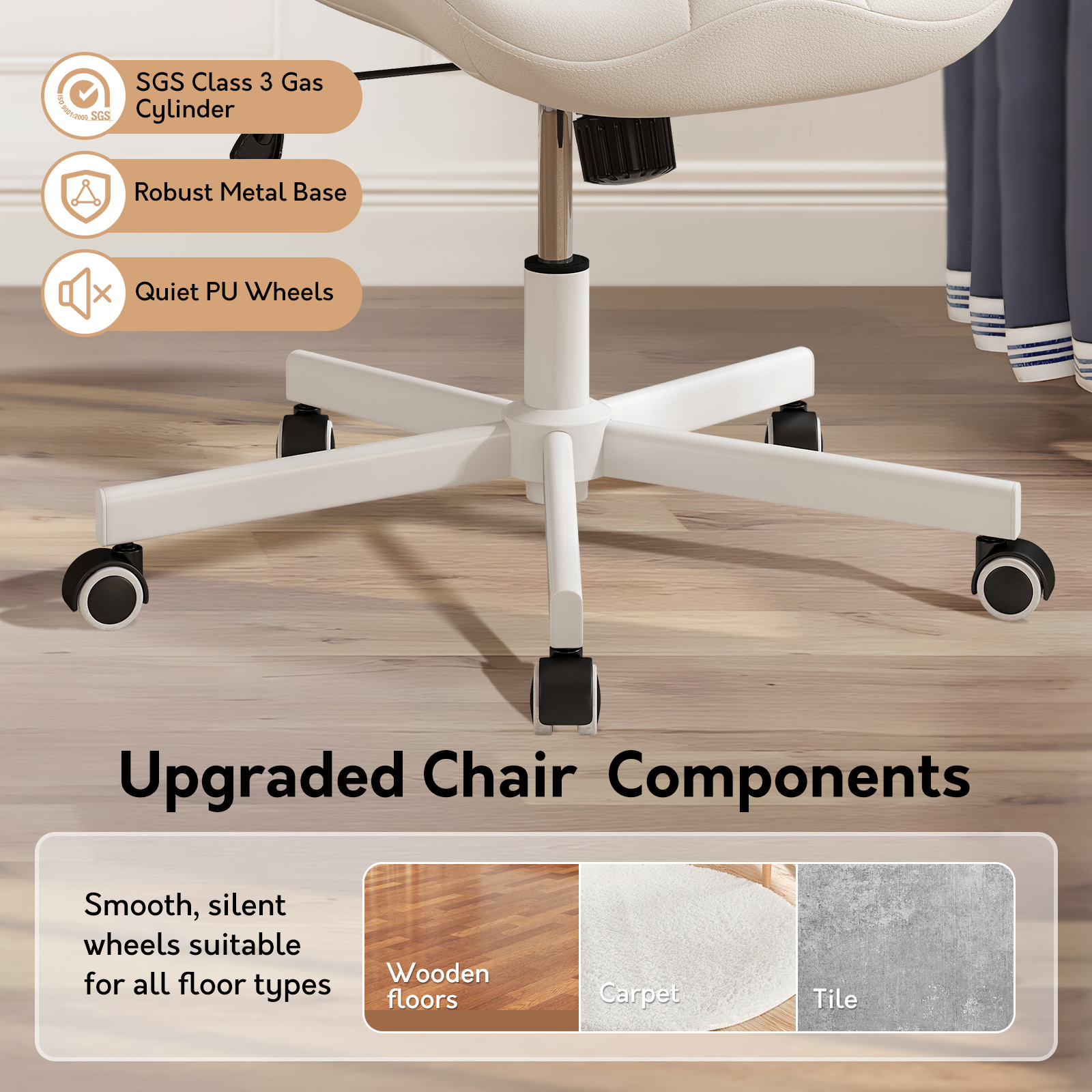 Genpo Armless Desk Chair, White Leather Office Desk Chairs with Wheels, Mid Back and Lumbar Support for Computer Home Small Space Vanity Makeup - Image 8