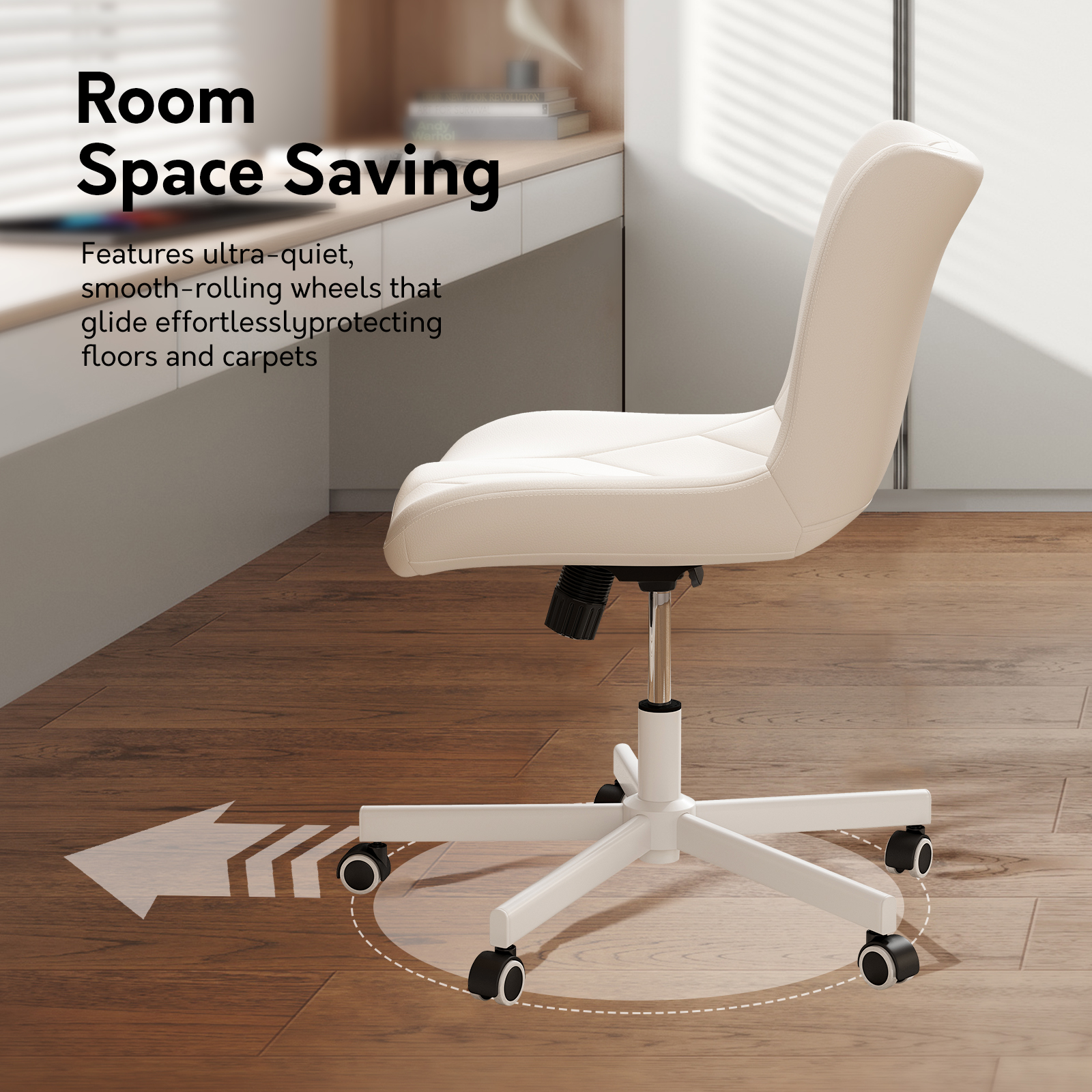 Genpo Armless Desk Chair, White Leather Office Desk Chairs with Wheels, Mid Back and Lumbar Support for Computer Home Small Space Vanity Makeup - Image 5
