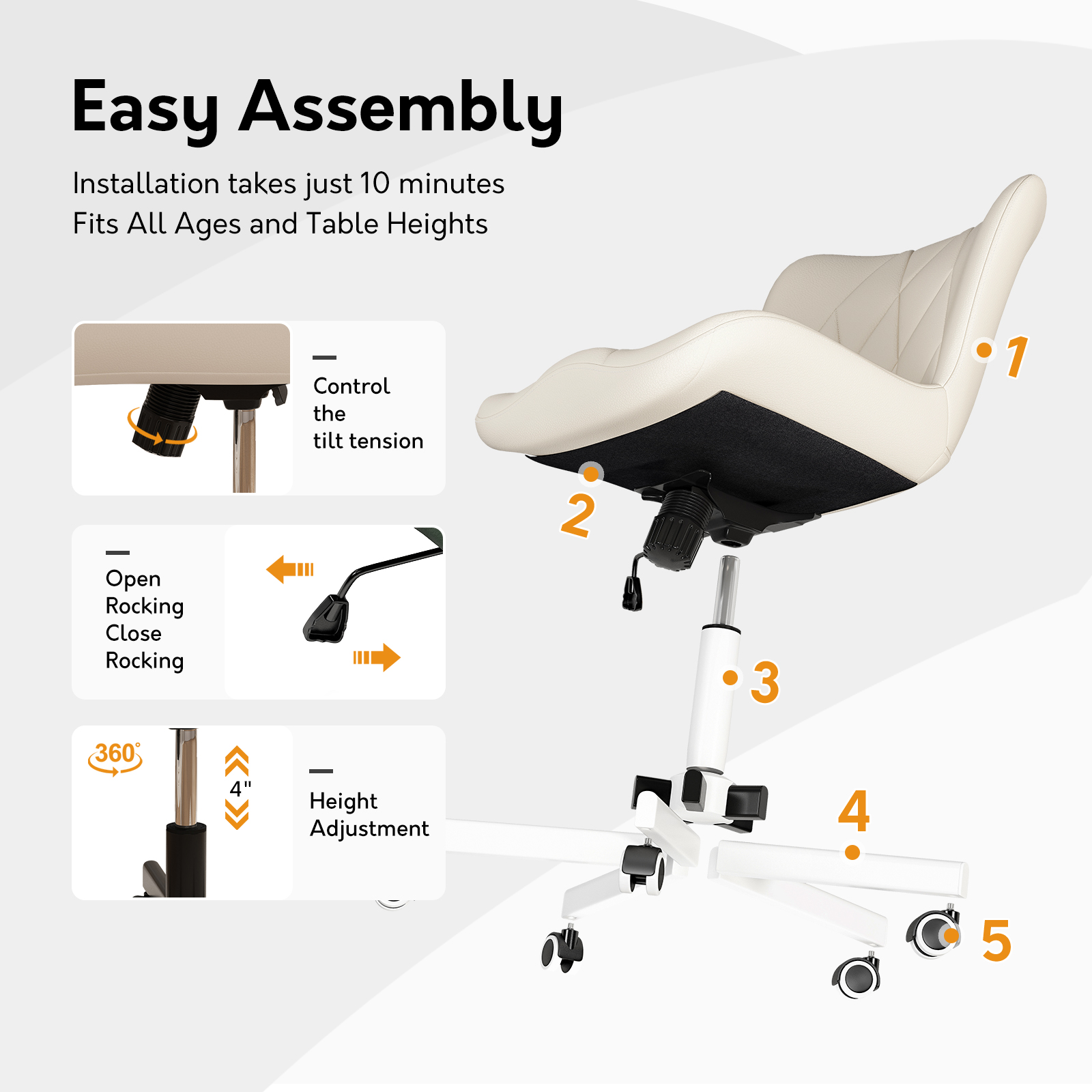 Genpo Armless Desk Chair, White Leather Office Desk Chairs with Wheels, Mid Back and Lumbar Support for Computer Home Small Space Vanity Makeup - Image 6