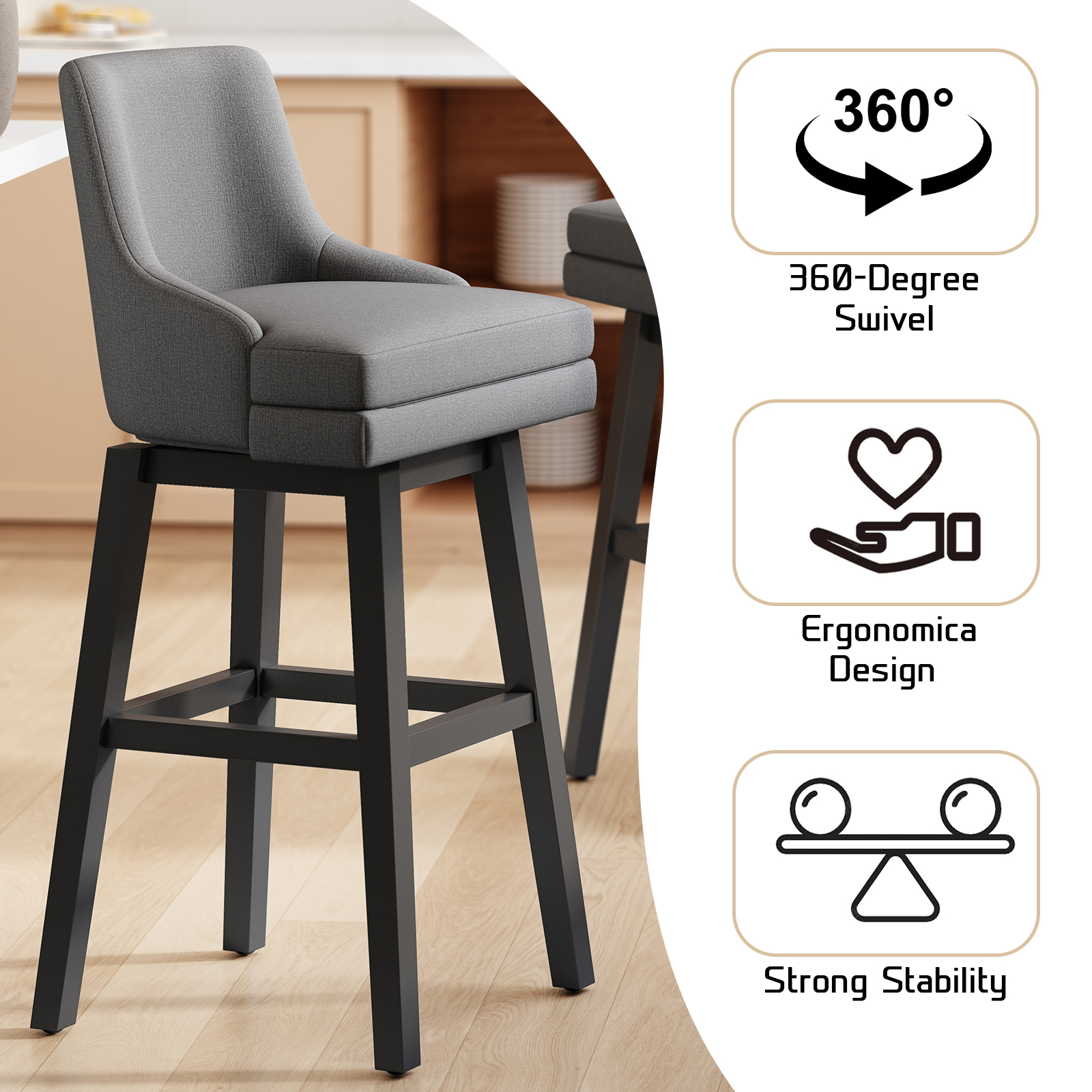 Genpo Bar Stools Set of 2, 26" H Upholstered Barstools with Backs, Swivel Modern Counter Height Bar Stool Chairs for Kitchen Island, Wood Legs, Gray Fabric Counter Stools - Image 3