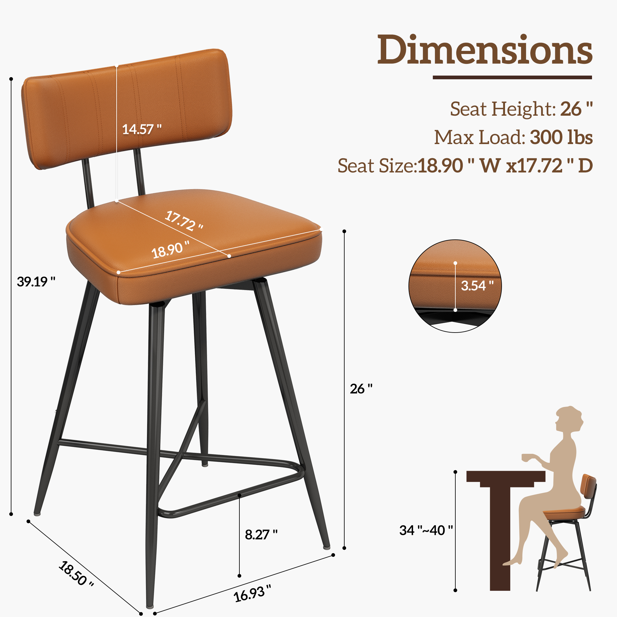 Genpo Swivel Counter Height Bar Stools Set of 4, 26" Leather Swivel Bar Stools with Backs, Metal Legs, Modern Stools for Kitchen Counter, Brown - Image 2
