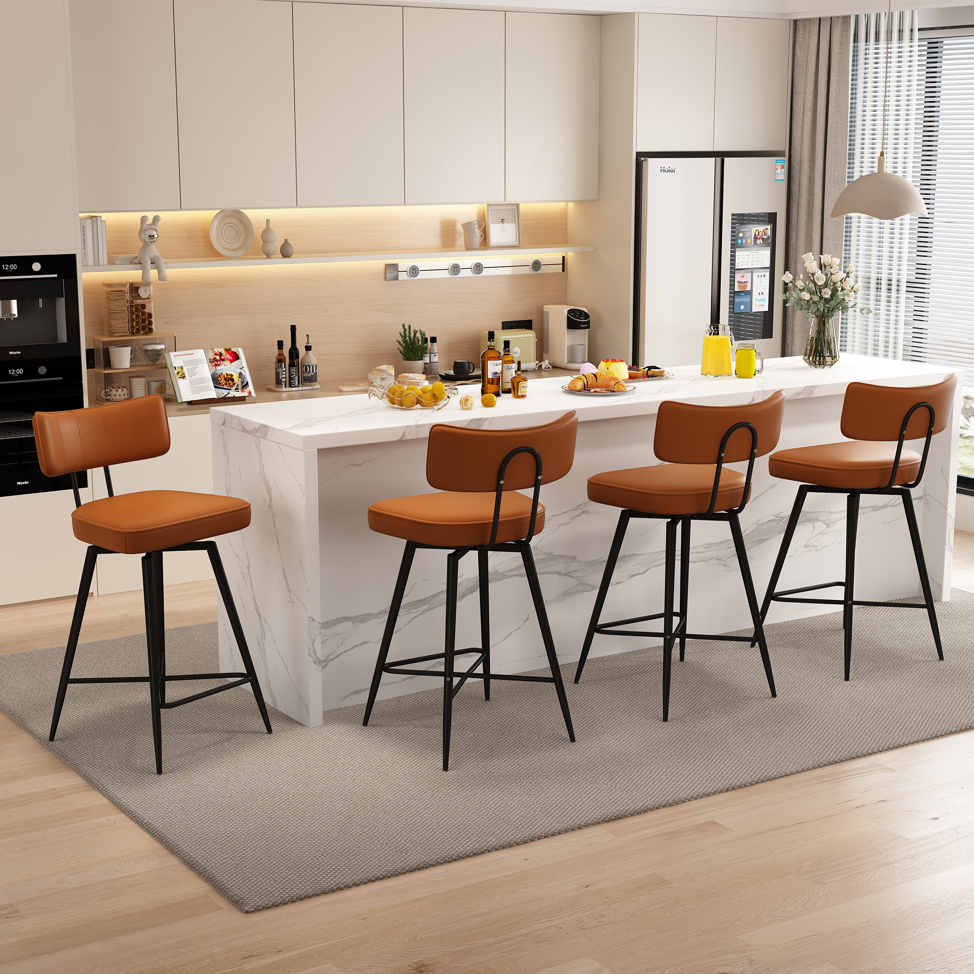 Genpo Swivel Counter Height Bar Stools Set of 4, 26" Leather Swivel Bar Stools with Backs, Metal Legs, Modern Stools for Kitchen Counter, Brown