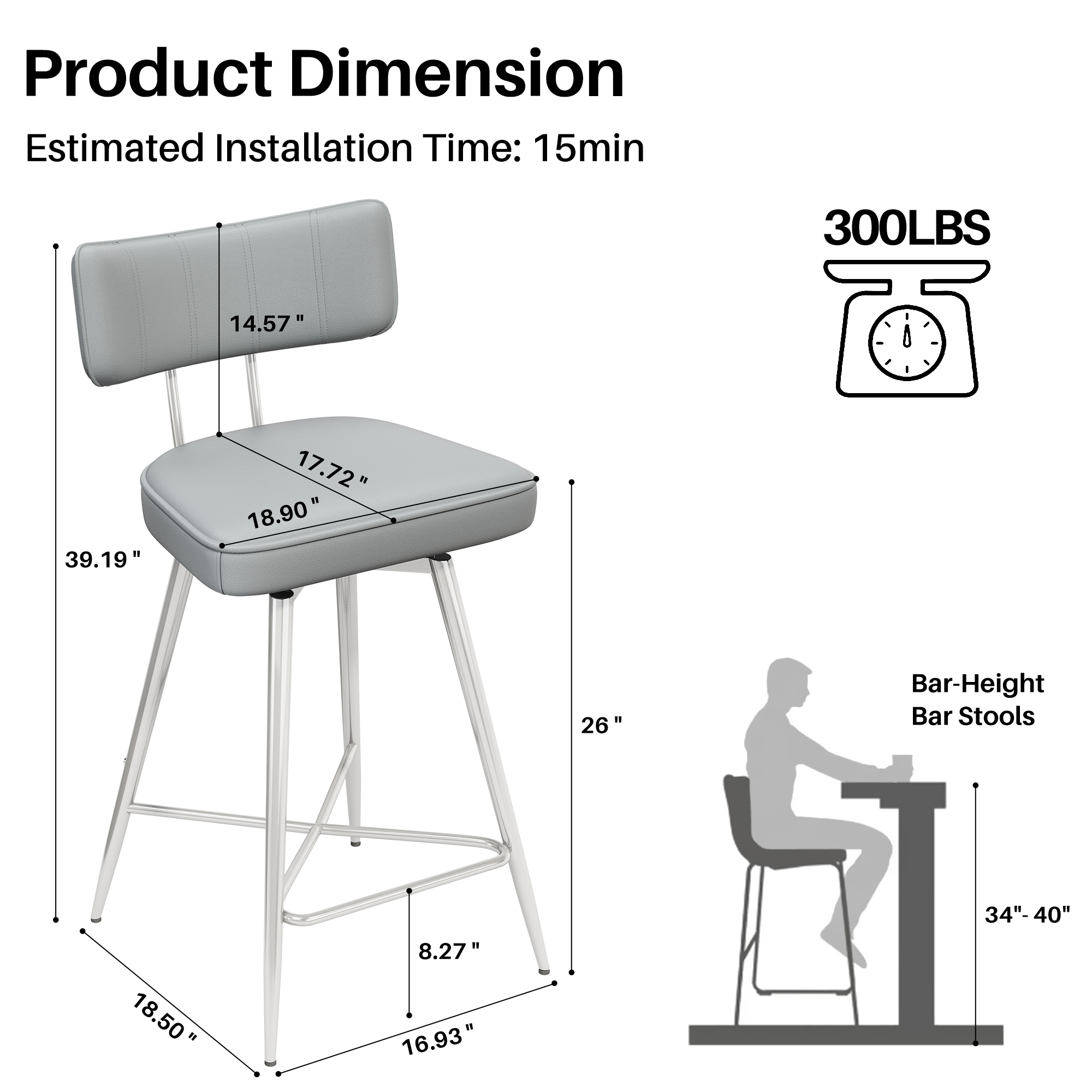 Solfway Swivel Counter Height Bar Stools Set of 2, 26" Leather Swivel Bar Stools with Backs, Metal Legs, Modern Stools for Kitchen Counter, Gray - Image 3