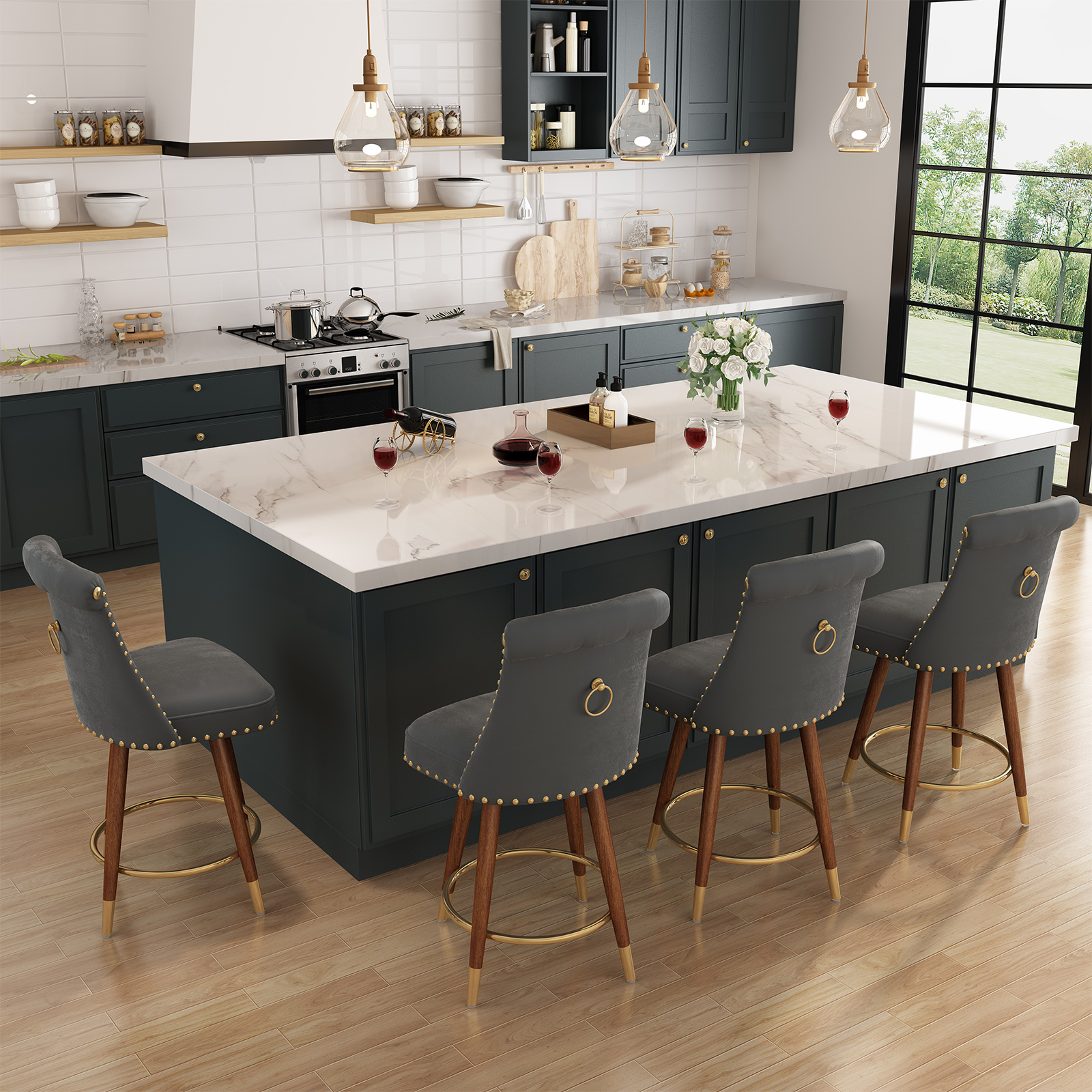 Genpo Counter Height Bar Stools Set of 4, 24 inch Gray Velvet Kitchen Swivel Counter Stools with Backs, Metal Legs and Footrest, Bar Chairs for Kitchen Island