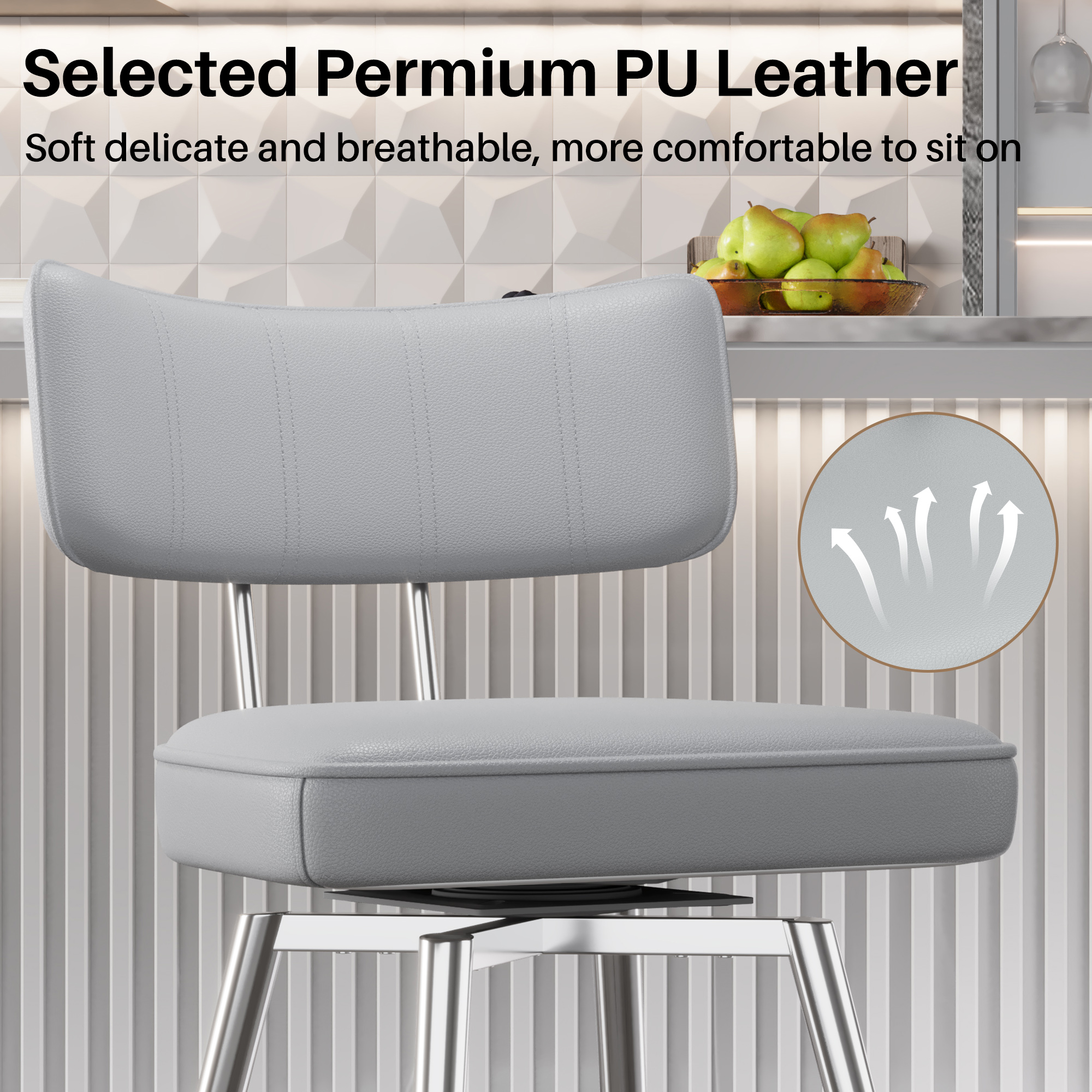 Solfway Swivel Counter Height Bar Stools Set of 2, 26" Leather Swivel Bar Stools with Backs, Metal Legs, Modern Stools for Kitchen Counter, Gray - Image 4