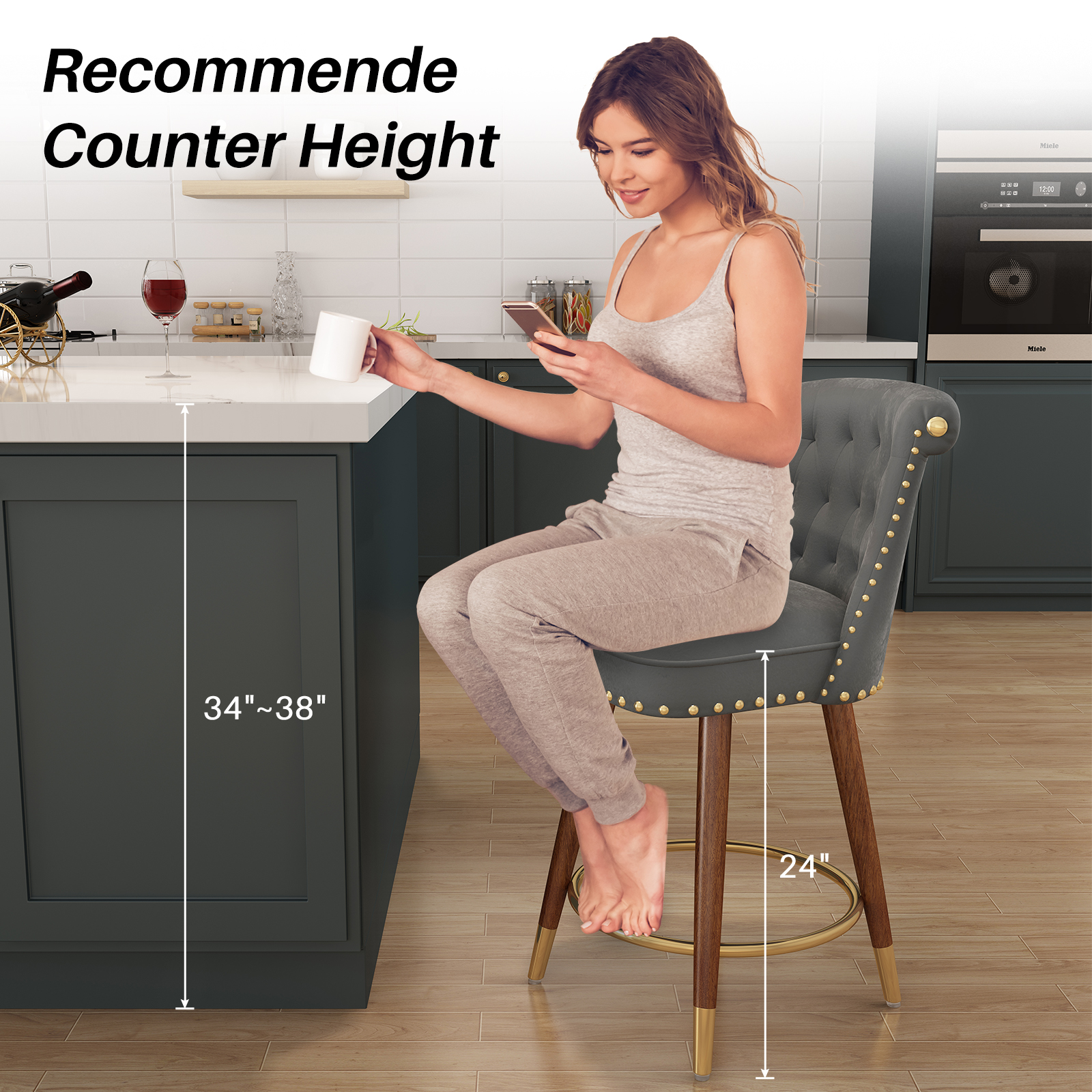 Genpo Counter Height Bar Stools Set of 4, 24 inch Gray Velvet Kitchen Swivel Counter Stools with Backs, Metal Legs and Footrest, Bar Chairs for Kitchen Island - Image 3