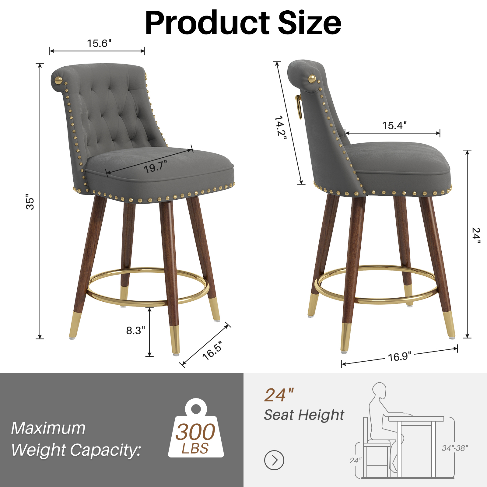 Genpo Counter Height Bar Stools Set of 4, 24 inch Gray Velvet Kitchen Swivel Counter Stools with Backs, Metal Legs and Footrest, Bar Chairs for Kitchen Island - Image 2