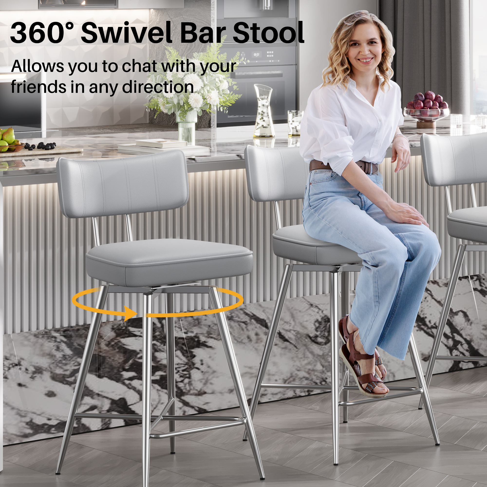 Solfway Swivel Counter Height Bar Stools Set of 2, 26" Leather Swivel Bar Stools with Backs, Metal Legs, Modern Stools for Kitchen Counter, Gray - Image 5