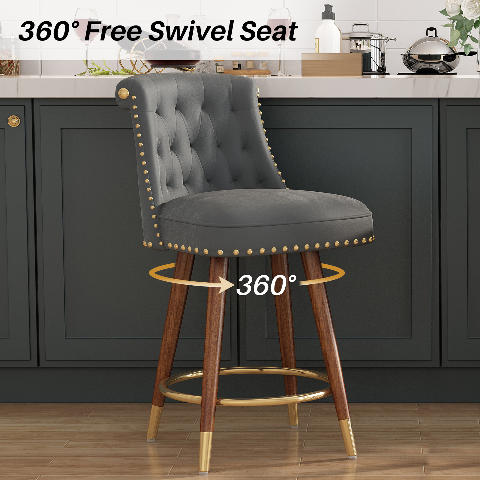 Genpo Counter Height Bar Stools Set of 4, 24 inch Gray Velvet Kitchen Swivel Counter Stools with Backs, Metal Legs and Footrest, Bar Chairs for Kitchen Island - Image 4