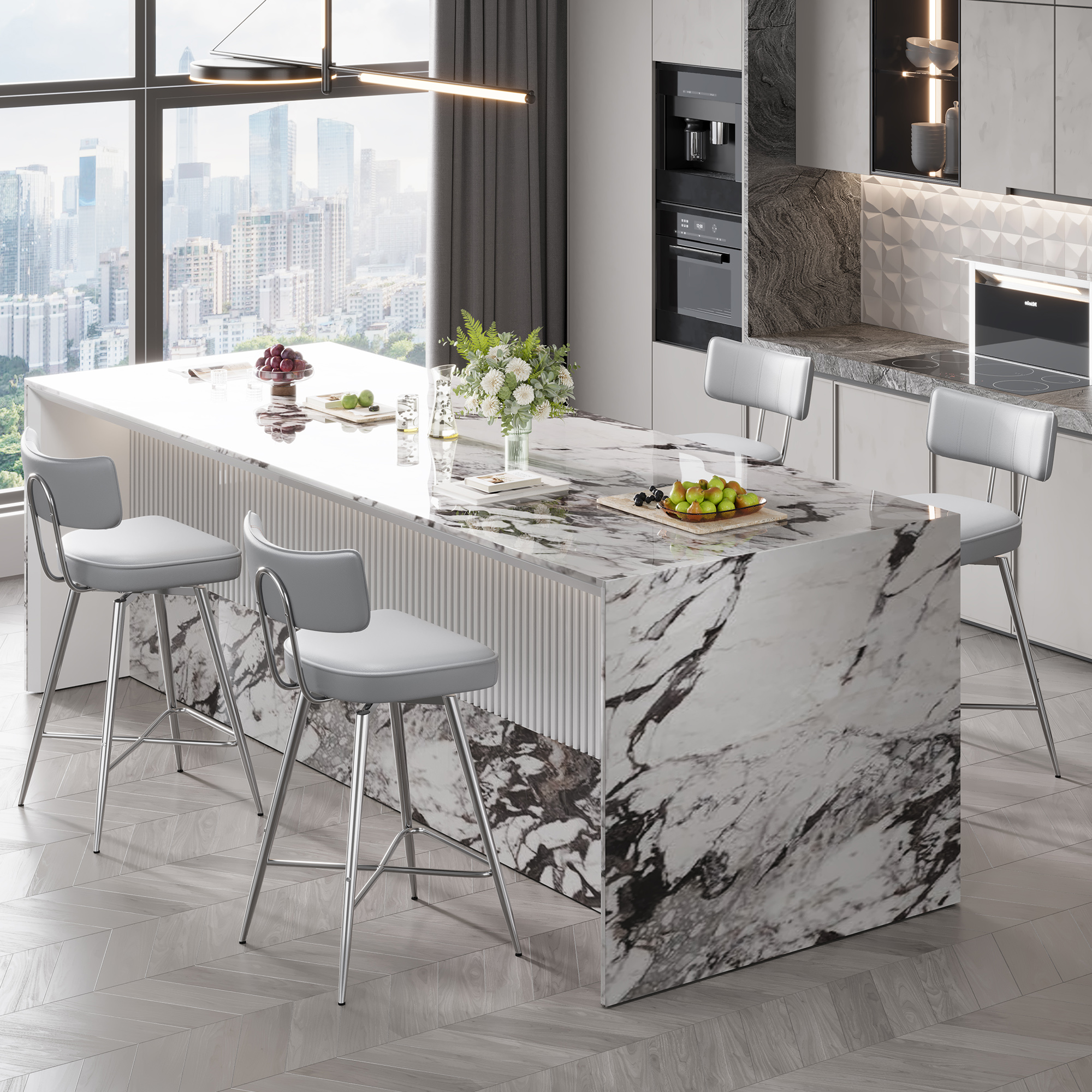Solfway Swivel Counter Height Bar Stools Set of 2, 26" Leather Swivel Bar Stools with Backs, Metal Legs, Modern Stools for Kitchen Counter, Gray - Image 7