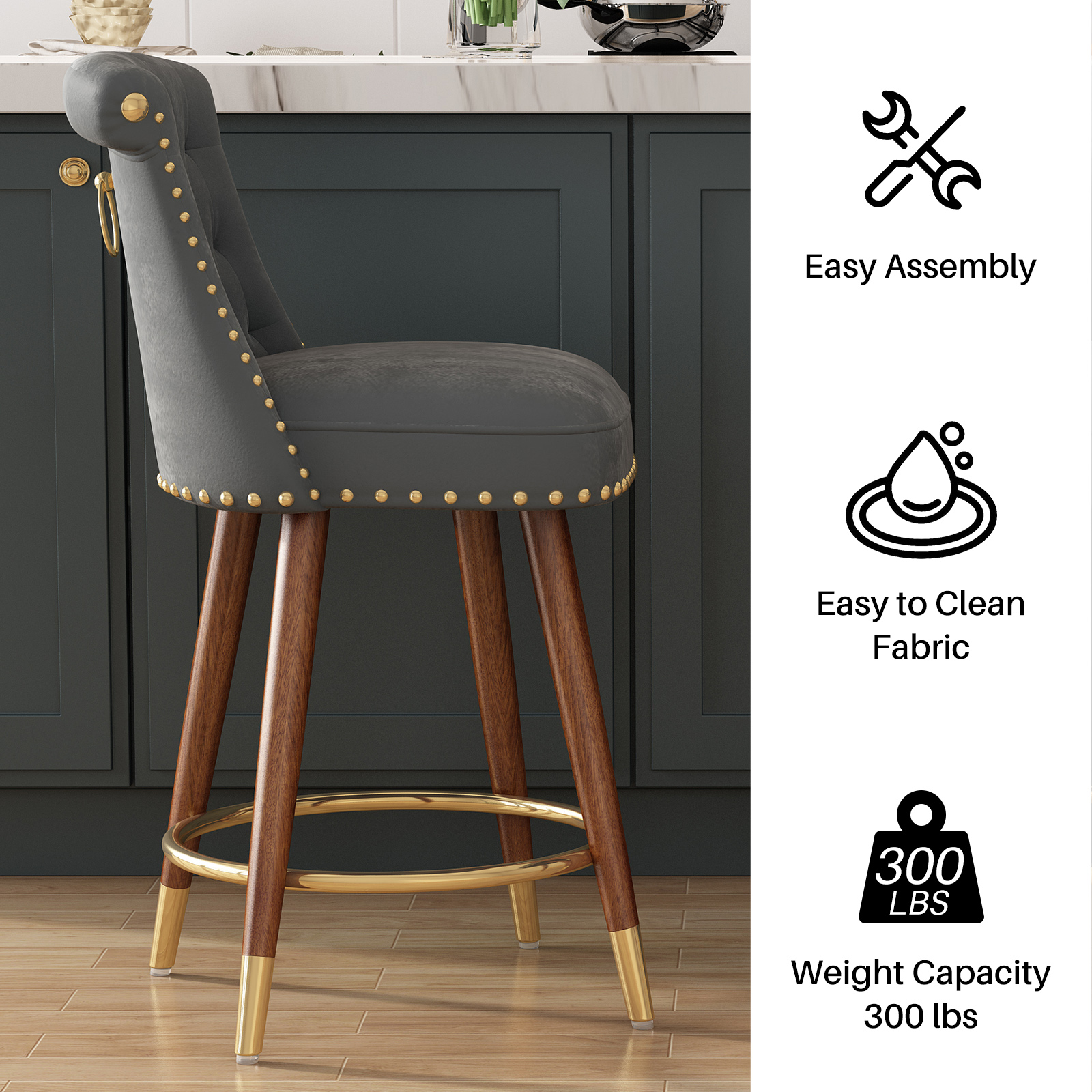 Genpo Counter Height Bar Stools Set of 4, 24 inch Gray Velvet Kitchen Swivel Counter Stools with Backs, Metal Legs and Footrest, Bar Chairs for Kitchen Island - Image 5