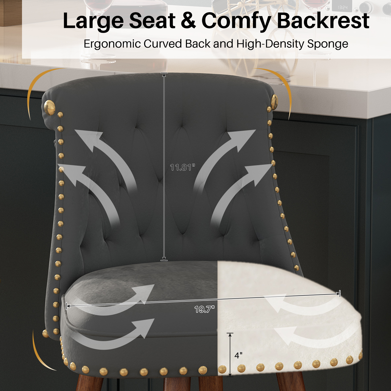 Genpo Counter Height Bar Stools Set of 4, 24 inch Gray Velvet Kitchen Swivel Counter Stools with Backs, Metal Legs and Footrest, Bar Chairs for Kitchen Island - Image 6