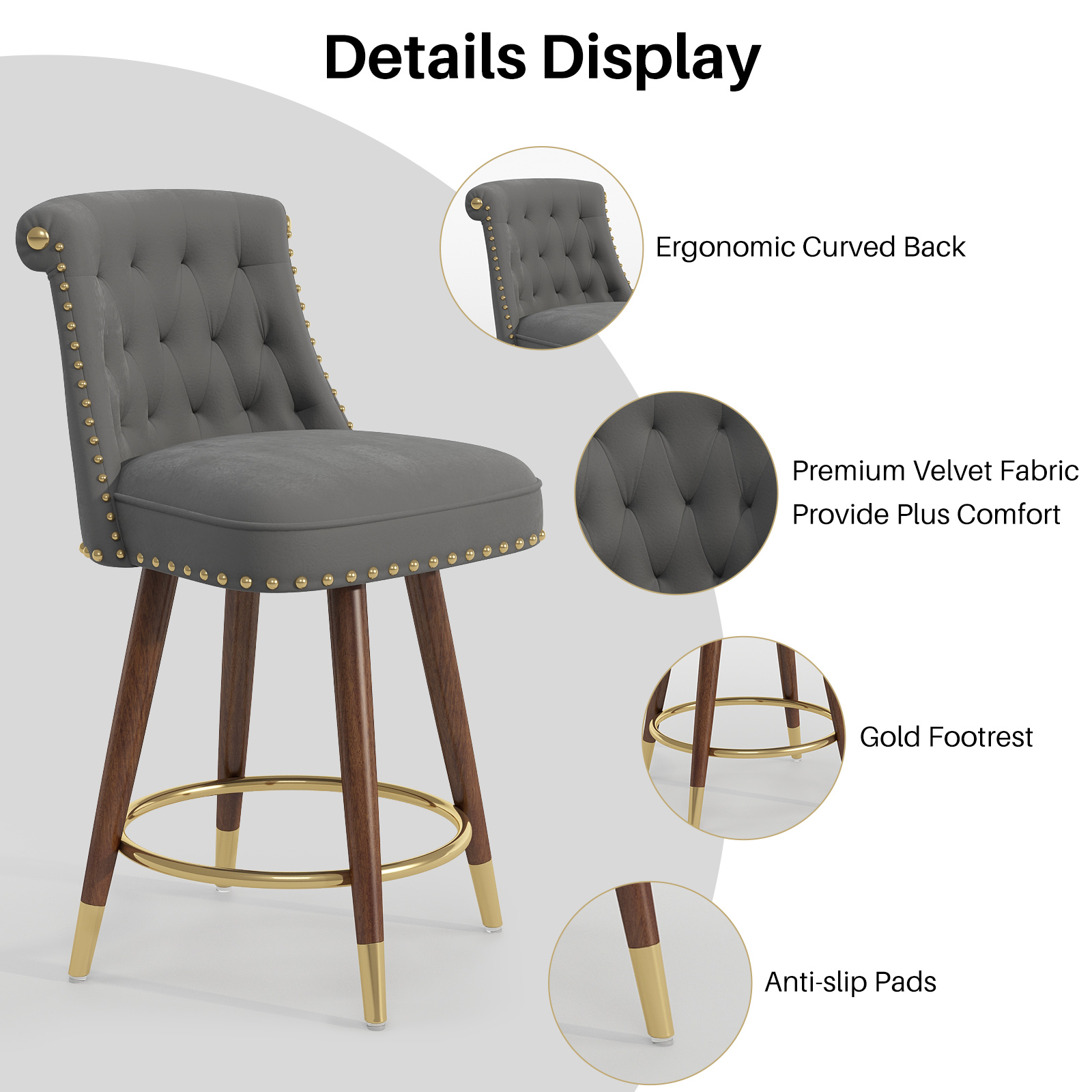 Genpo Counter Height Bar Stools Set of 4, 24 inch Gray Velvet Kitchen Swivel Counter Stools with Backs, Metal Legs and Footrest, Bar Chairs for Kitchen Island - Image 7
