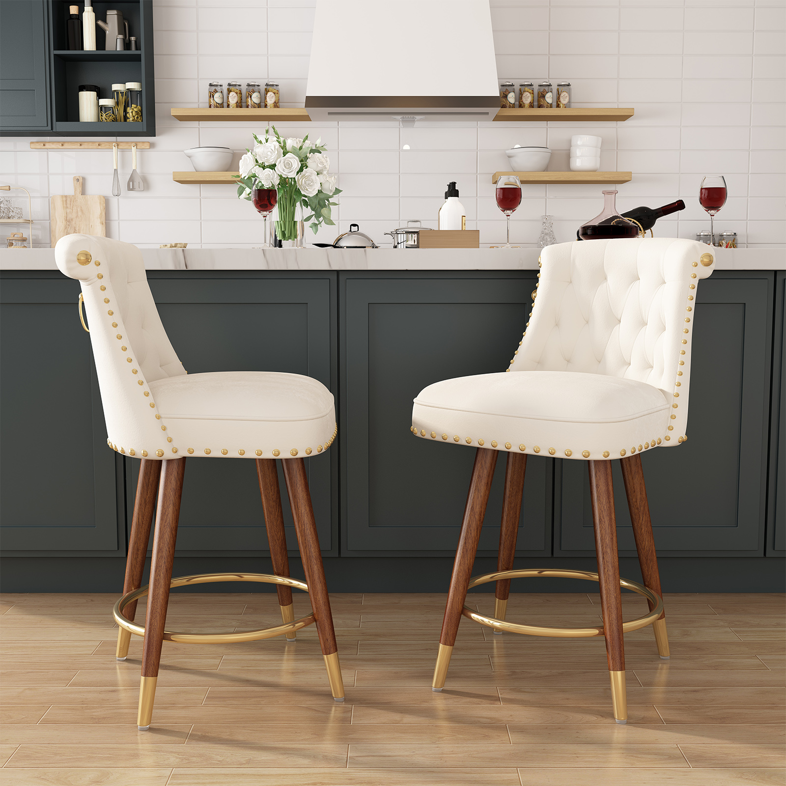 Genpo Counter Height Bar Stools Set of 2, 24 inch White Velvet Kitchen Swivel Counter Stools with Backs, Metal Legs and Footrest, Bar Chairs for Kitchen Island