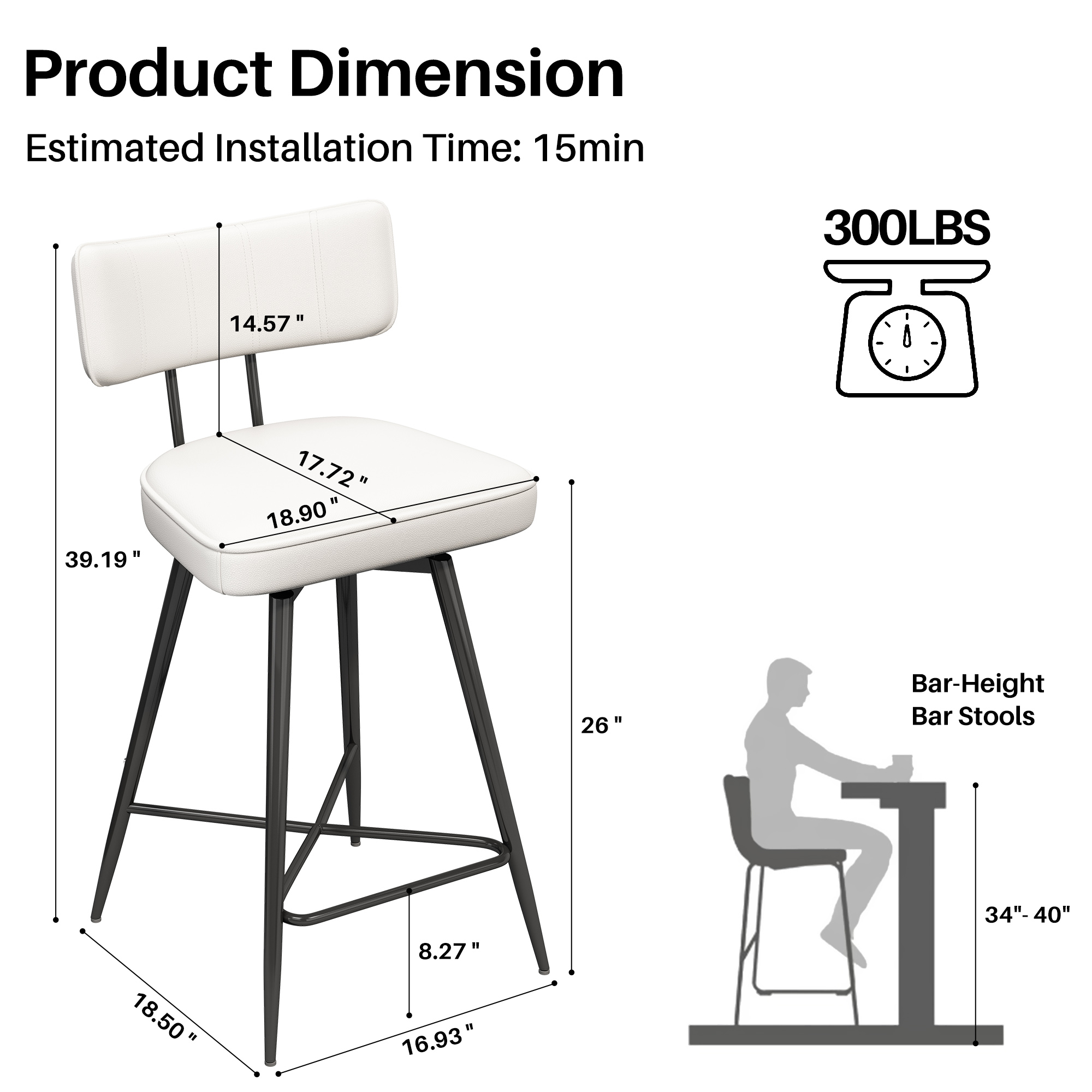 Genpo Swivel Counter Height Bar Stools Set of 2, 26" Leather Swivel Bar Stools with Backs, Metal Legs, Modern Stools for Kitchen Counter, White - Image 2