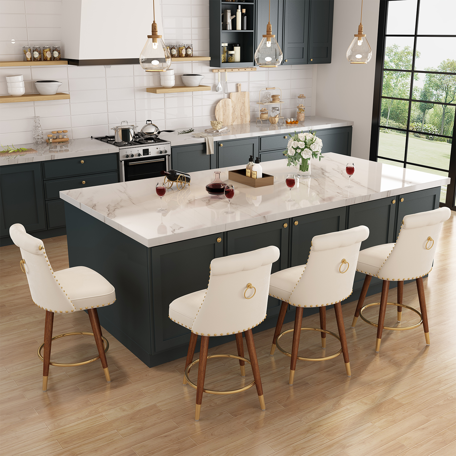 Genpo Counter Height Bar Stools Set of 4, 24 inch White Velvet Kitchen Swivel Counter Stools with Backs, Metal Legs and Footrest, Bar Chairs for Kitchen Island