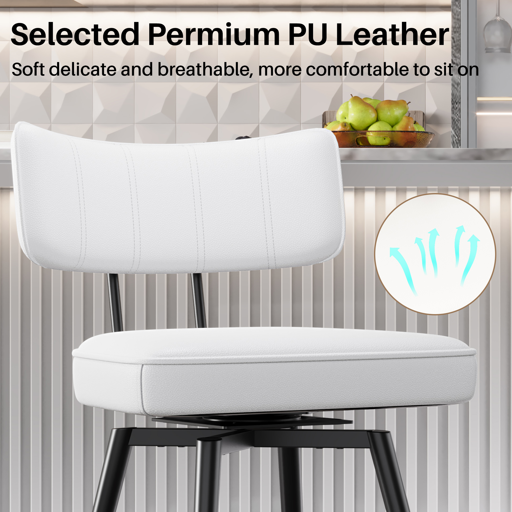 Genpo Swivel Counter Height Bar Stools Set of 2, 26" Leather Swivel Bar Stools with Backs, Metal Legs, Modern Stools for Kitchen Counter, White - Image 3