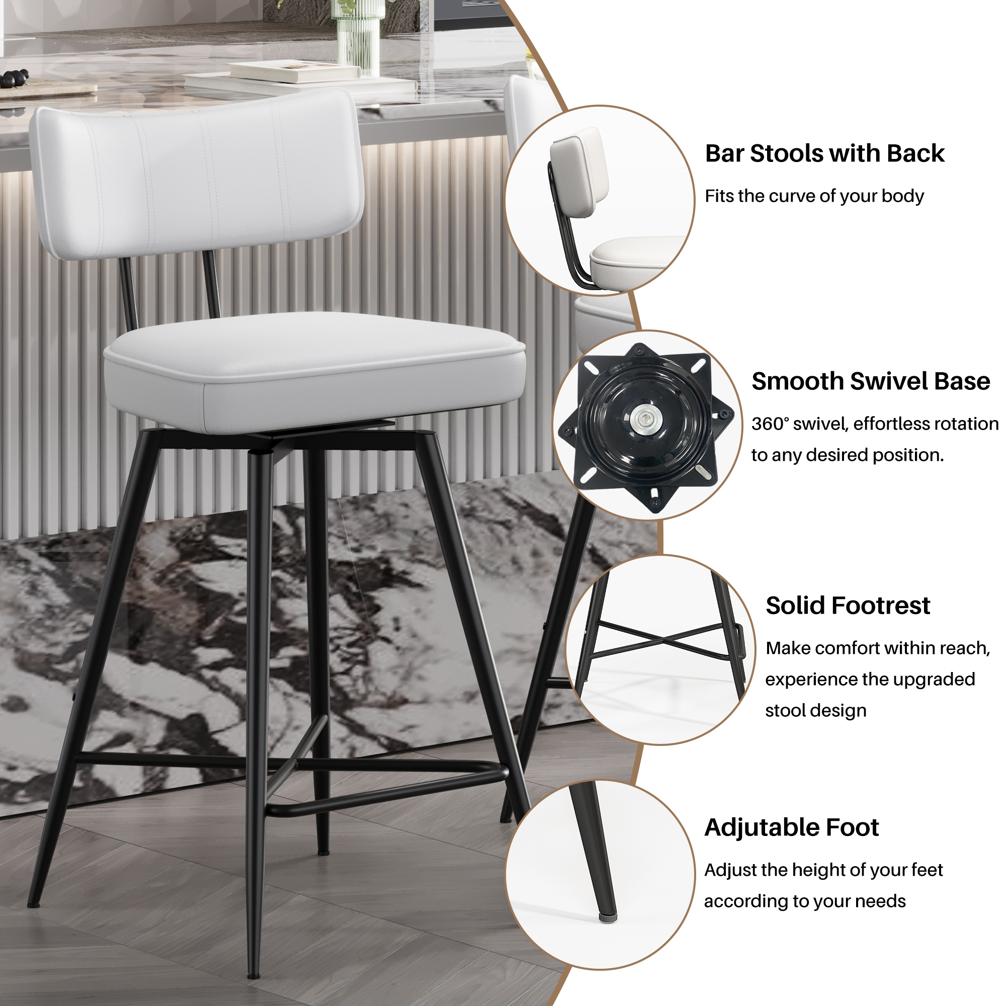 Genpo Swivel Counter Height Bar Stools Set of 2, 26" Leather Swivel Bar Stools with Backs, Metal Legs, Modern Stools for Kitchen Counter, White - Image 4